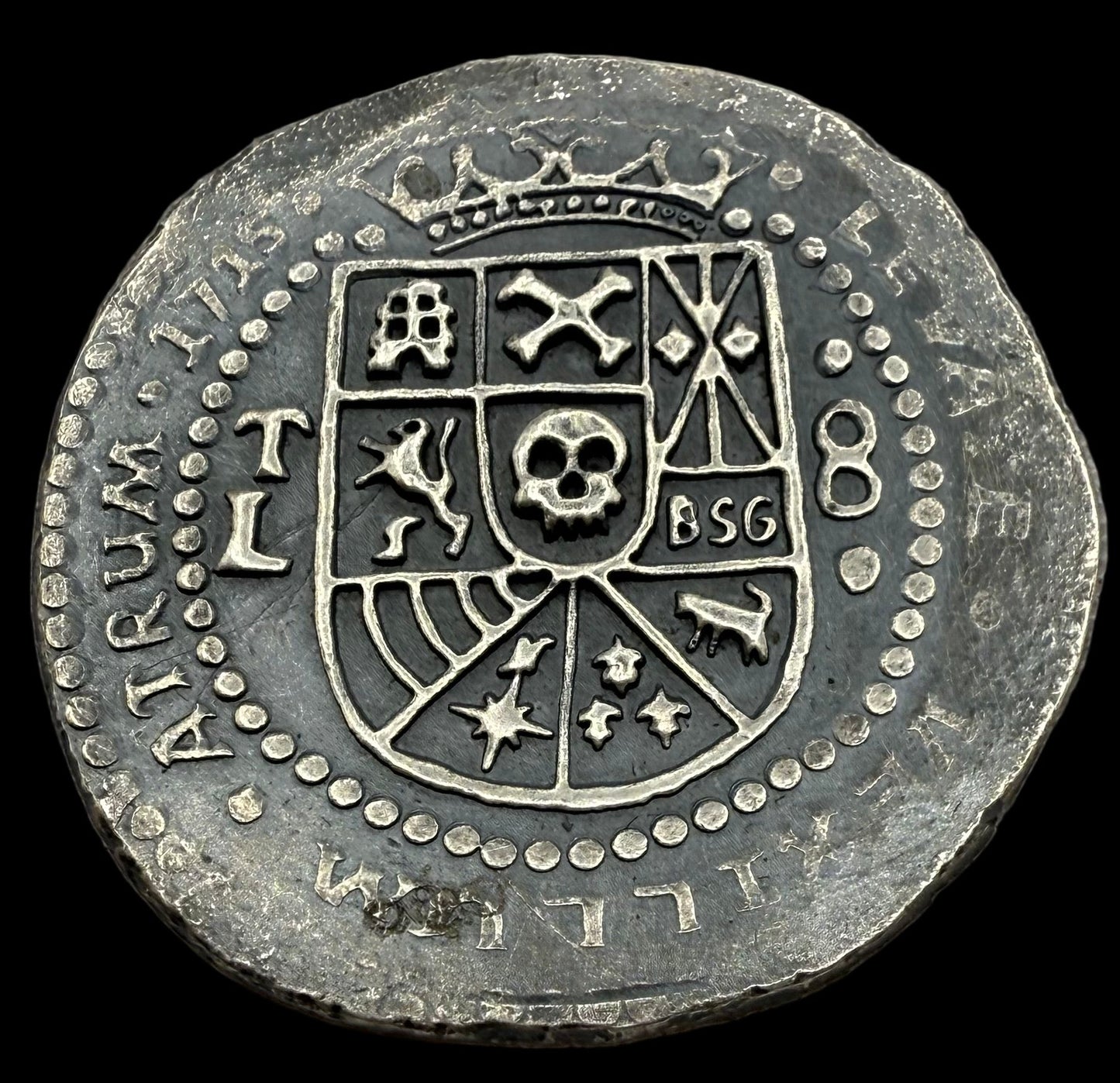 '1715 Spanish Silver' Pirate Treasure Hand Crafted by Peculiar Coins 27 Gram .999 Fine Silver Round Antique Finish Includes Wood Treasure Chest, Capsule & COA Mint Condition