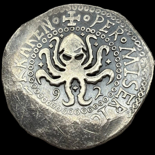 '1492 The Kraken' Pirate Treasure Hand Crafted by Peculiar Coins 27 Gram .999 Fine Silver Round Spanish Shield Design Antique Finish Includes Wood Treasure Chest, Capsule & COA Mint Condition