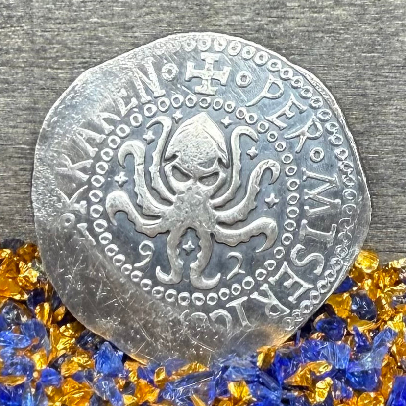 '1492 The Kraken' Pirate Treasure Hand Crafted by Peculiar Coins 27 Gram .999 Fine Silver Round Spanish Shield Design Antique Finish Includes Wood Treasure Chest, Capsule & COA Mint Condition