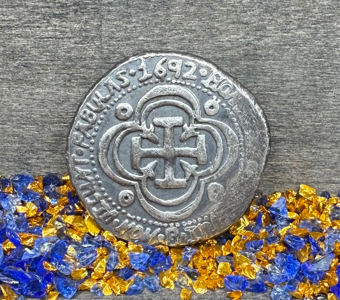 '1692 Piece of Eight' Pirate Treasure Hand Crafted by Peculiar Coins 27 Gram .999 Fine Silver Round Antique Finish Includes Wood Treasure Chest, Capsule & COA Mint Condition