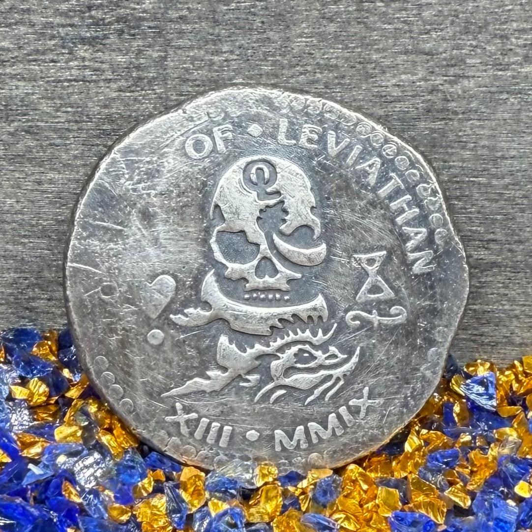 'Order of the Leviathan Treasure Cob' Hand Crafted by Peculiar Coins 27 Gram .999 Fine Silver Round Piece of Eight Antique Finish Includes Wood Treasure Chest, Capsule & COA Mint Condition