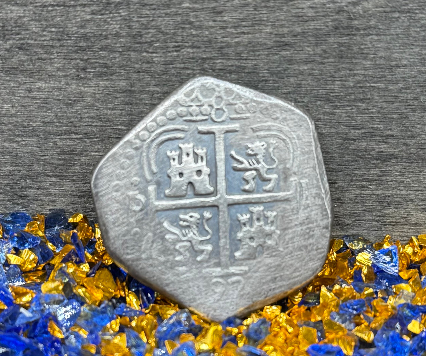 '1751 Spanish Cob' Pirate Treasure Hand Crafted by Peculiar Coins 27 Gram .999 Fine Silver Round Pillars & Waves Design Thick Clip Antique Finish Includes Wood Treasure Chest, Capsule & COA Mint Condition