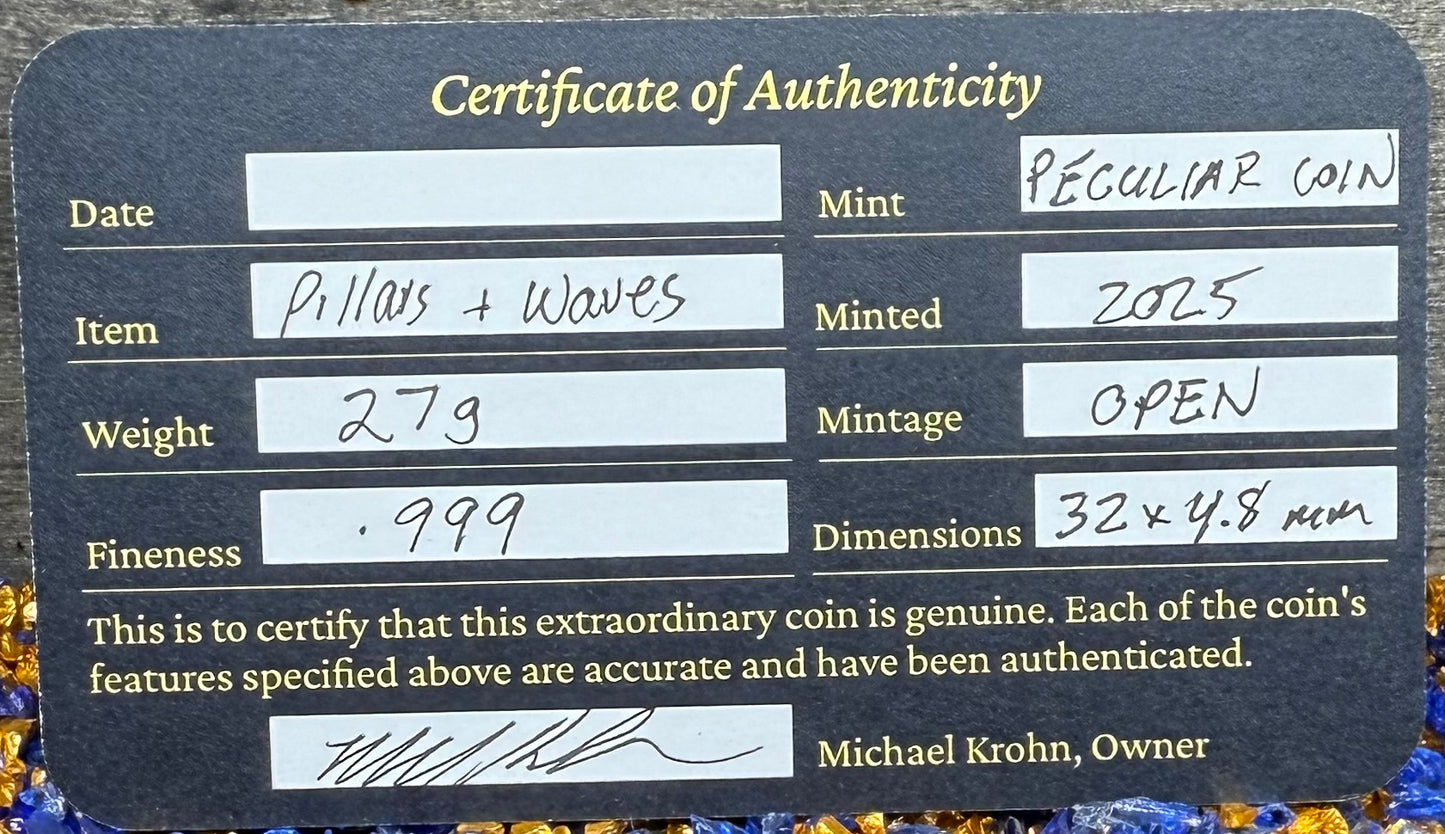 '1751 Spanish Cob' Pirate Treasure Hand Crafted by Peculiar Coins 27 Gram .999 Fine Silver Round Pillars & Waves Design Thick Clip Antique Finish Includes Wood Treasure Chest, Capsule & COA Mint Condition