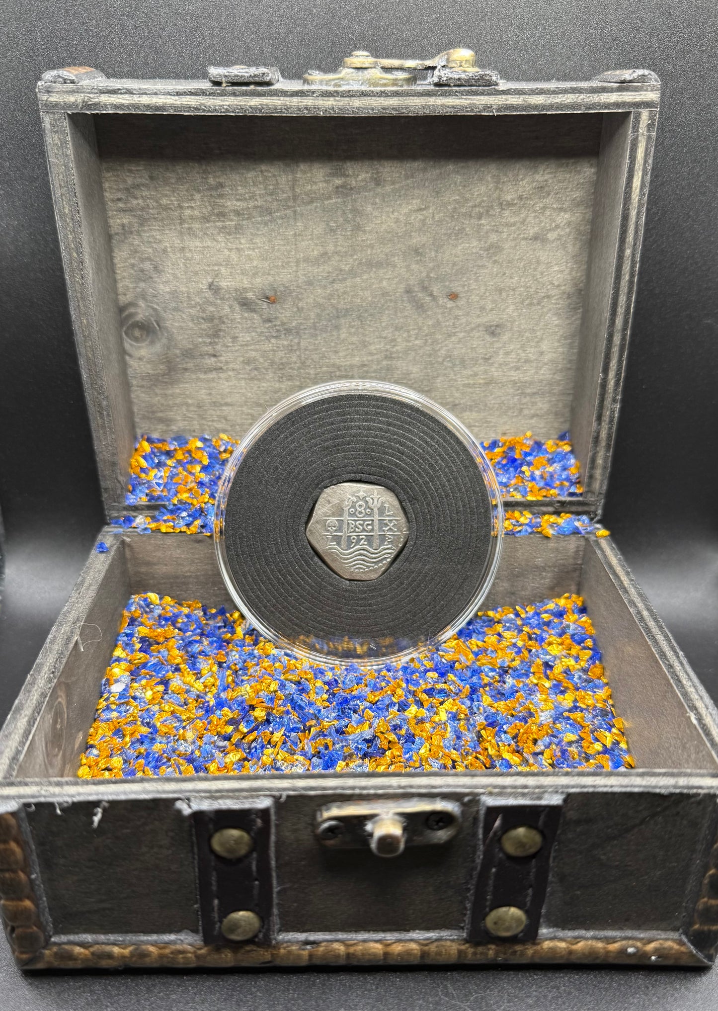 '1751 Spanish Cob' Pirate Treasure Hand Crafted by Peculiar Coins 27 Gram .999 Fine Silver Round Pillars & Waves Design Thick Clip Antique Finish Includes Wood Treasure Chest, Capsule & COA Mint Condition