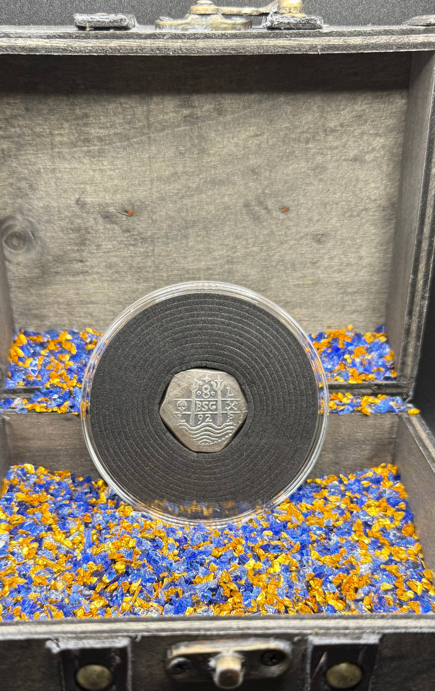 '1751 Spanish Cob' Pirate Treasure Hand Crafted by Peculiar Coins 27 Gram .999 Fine Silver Round Pillars & Waves Design Thick Clip Antique Finish Includes Wood Treasure Chest, Capsule & COA Mint Condition