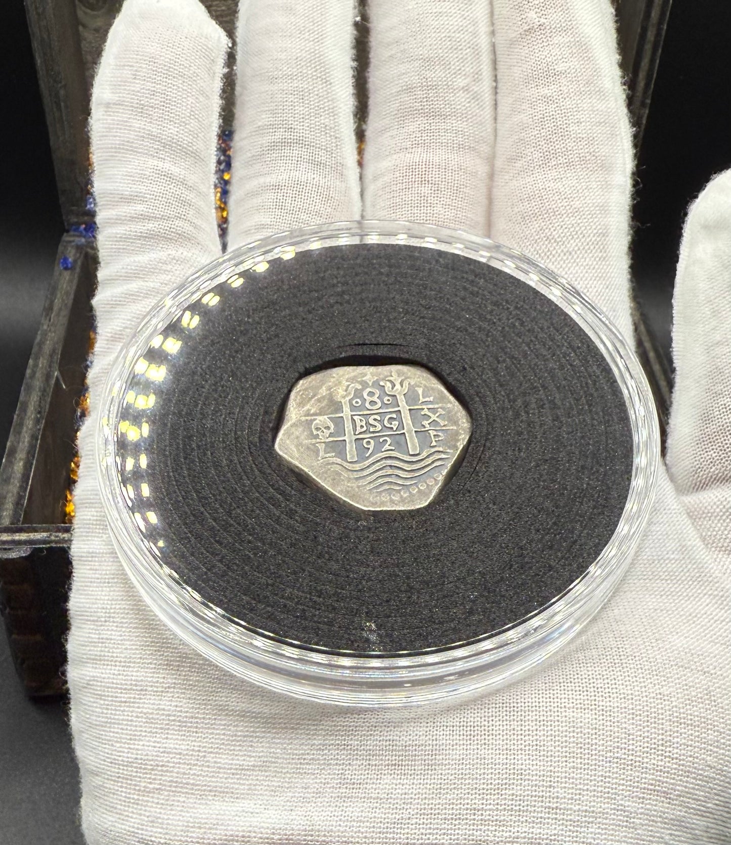 '1751 Spanish Cob' Pirate Treasure Hand Crafted by Peculiar Coins 27 Gram .999 Fine Silver Round Pillars & Waves Design Thick Clip Antique Finish Includes Wood Treasure Chest, Capsule & COA Mint Condition