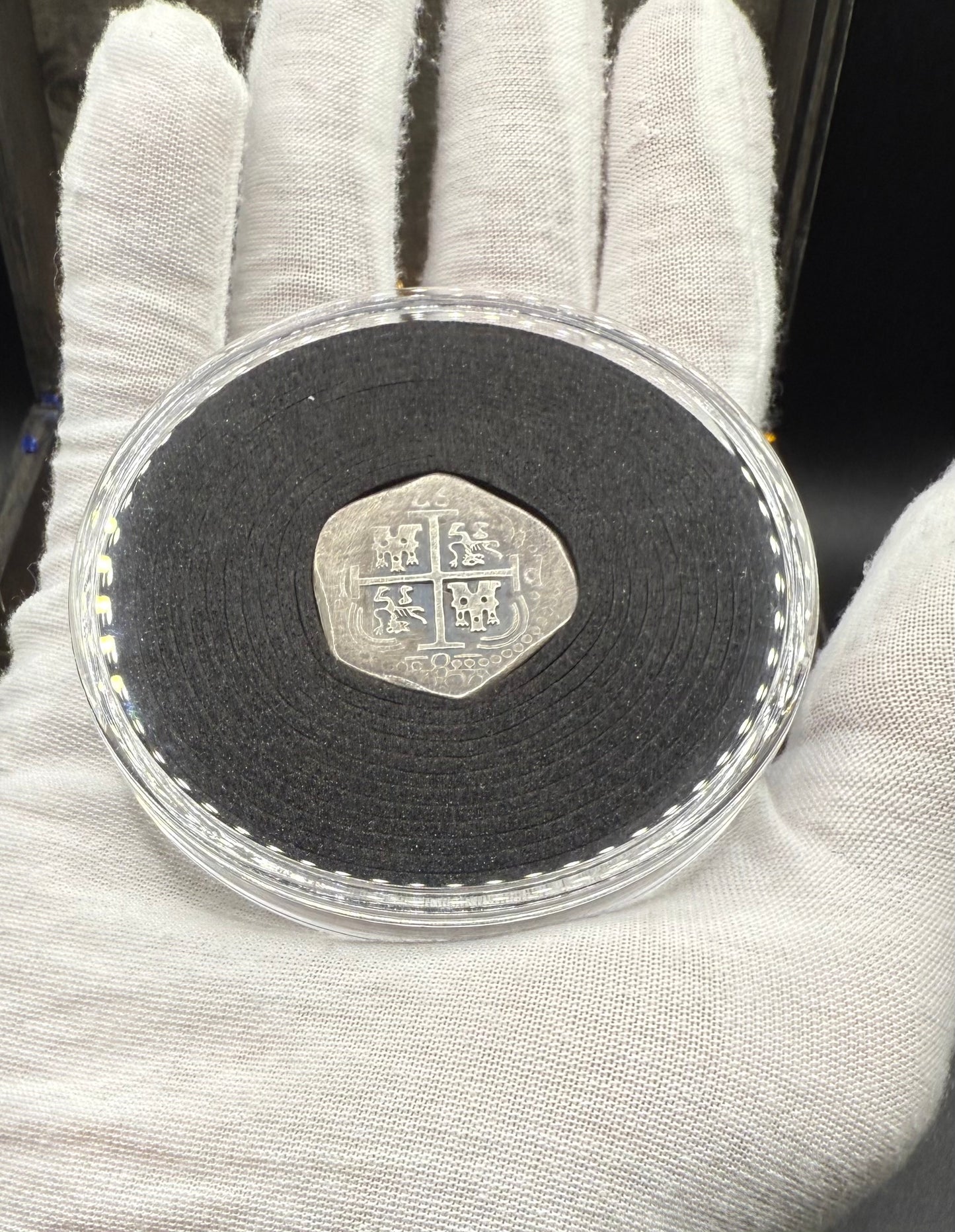 '1751 Spanish Cob' Pirate Treasure Hand Crafted by Peculiar Coins 27 Gram .999 Fine Silver Round Pillars & Waves Design Thick Clip Antique Finish Includes Wood Treasure Chest, Capsule & COA Mint Condition