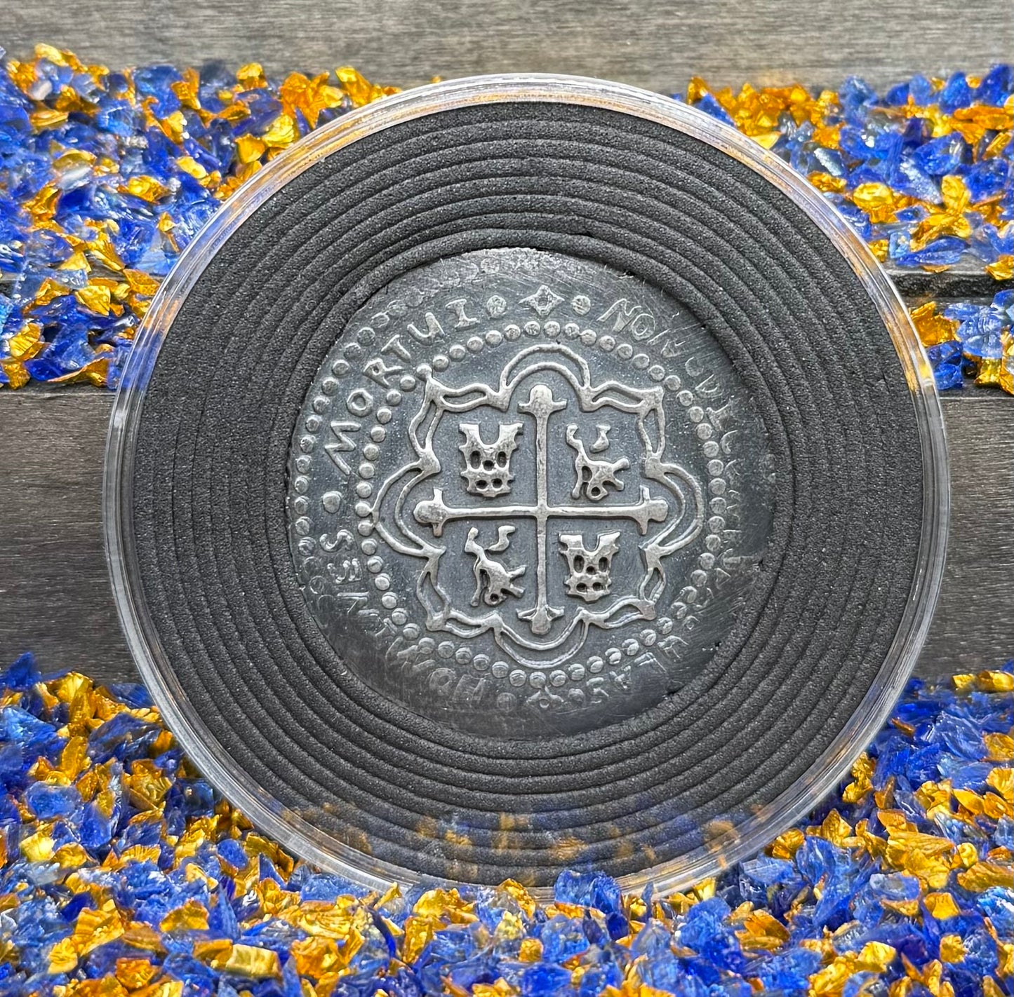 '1715 Spanish Silver' Pirate Treasure Hand Crafted by Peculiar Coins 27 Gram .999 Fine Silver Round Antique Finish Includes Wood Treasure Chest, Capsule & COA Mint Condition