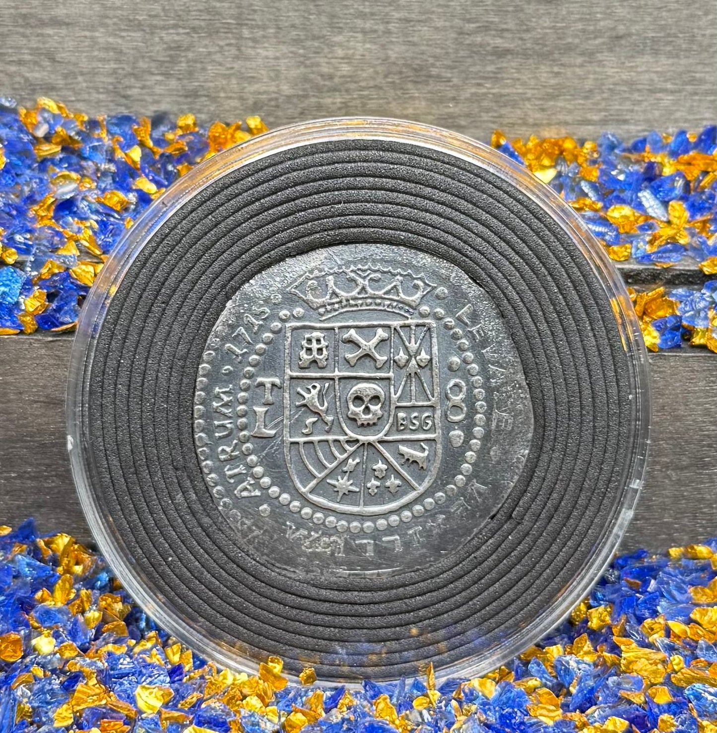 '1715 Spanish Silver' Pirate Treasure Hand Crafted by Peculiar Coins 27 Gram .999 Fine Silver Round Antique Finish Includes Wood Treasure Chest, Capsule & COA Mint Condition