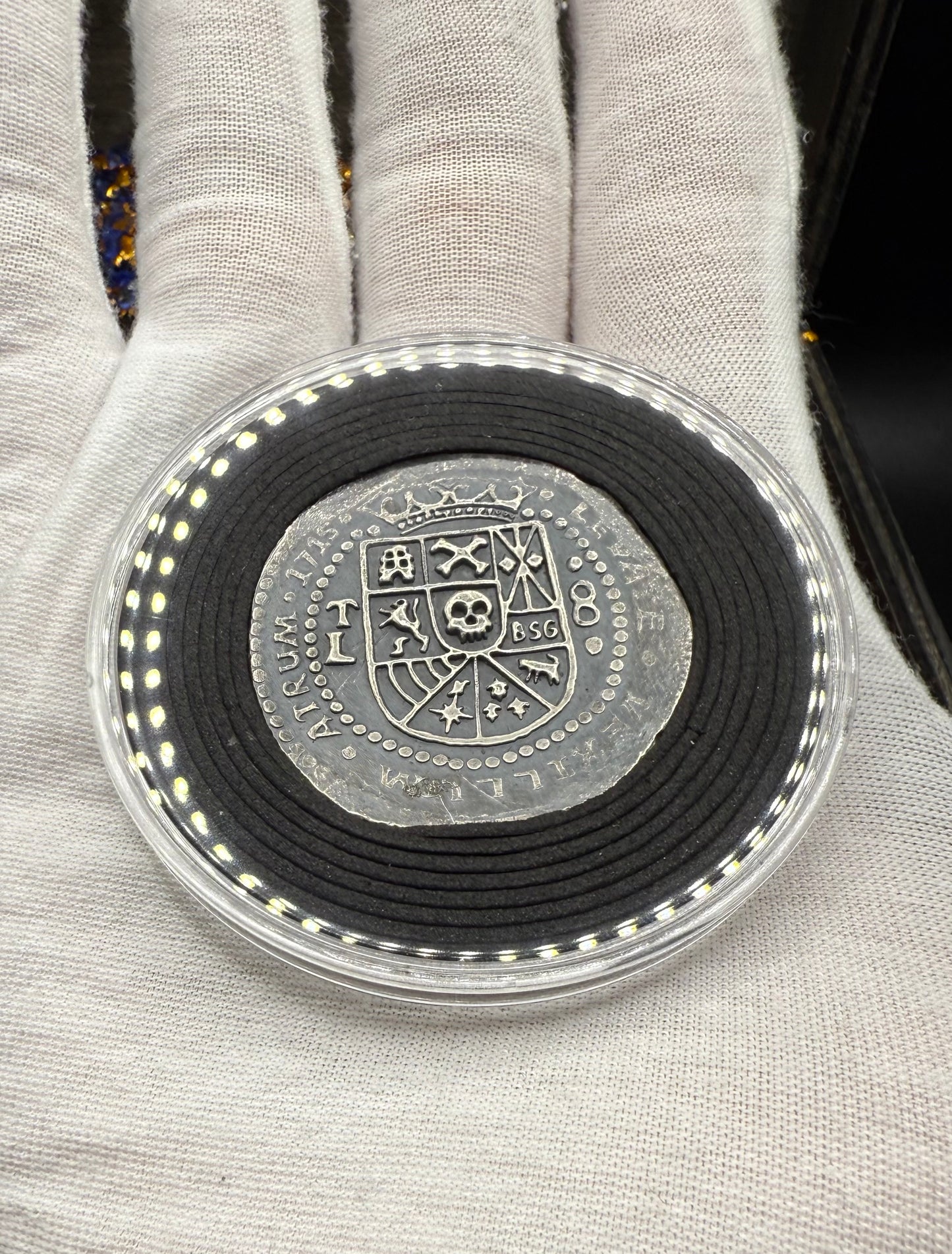 '1715 Spanish Silver' Pirate Treasure Hand Crafted by Peculiar Coins 27 Gram .999 Fine Silver Round Antique Finish Includes Wood Treasure Chest, Capsule & COA Mint Condition