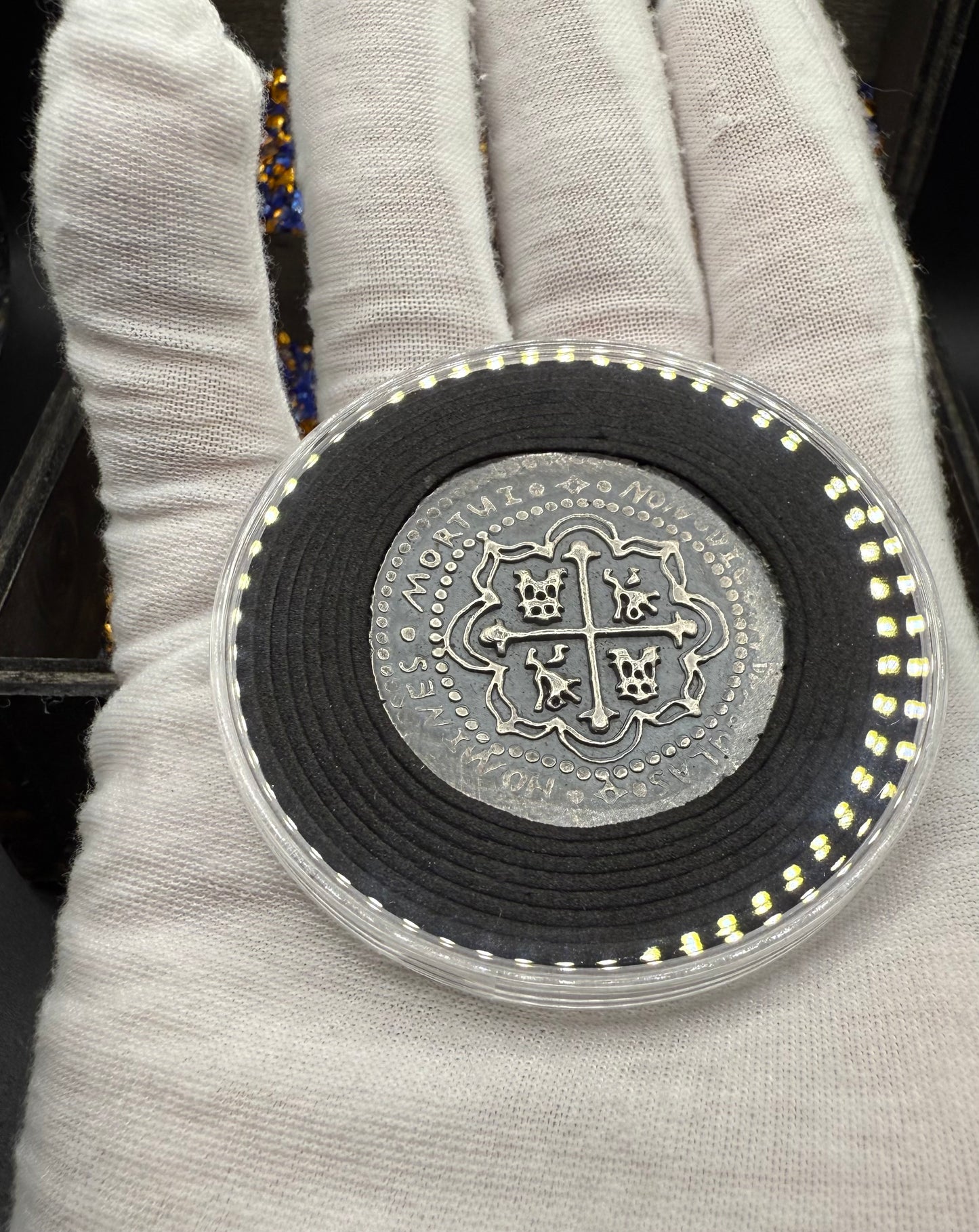 '1715 Spanish Silver' Pirate Treasure Hand Crafted by Peculiar Coins 27 Gram .999 Fine Silver Round Antique Finish Includes Wood Treasure Chest, Capsule & COA Mint Condition