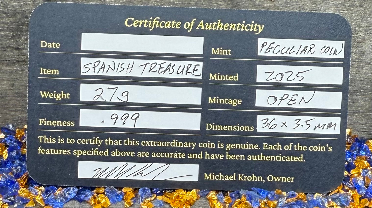 '1715 Spanish Silver' Pirate Treasure Hand Crafted by Peculiar Coins 27 Gram .999 Fine Silver Round Antique Finish Includes Wood Treasure Chest, Capsule & COA Mint Condition