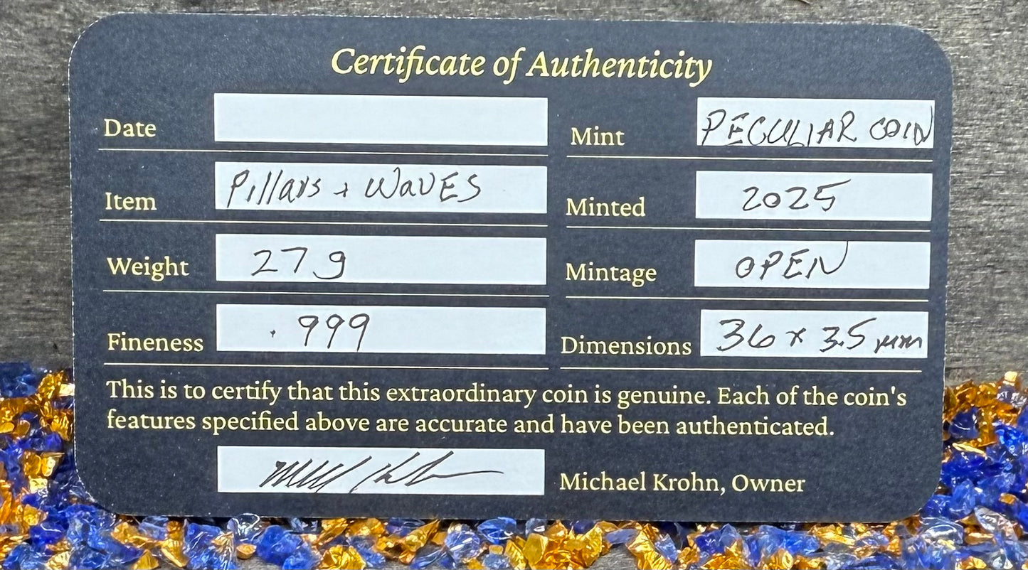 'Potosi Pillars & Waves Spanish Cob' Pirate Treasure Hand Crafted by Peculiar Coins 27 Gram .999 Fine Silver Round Pirate Design Antique Finish Includes Wood Treasure Chest, Capsule & COA Mint Condition