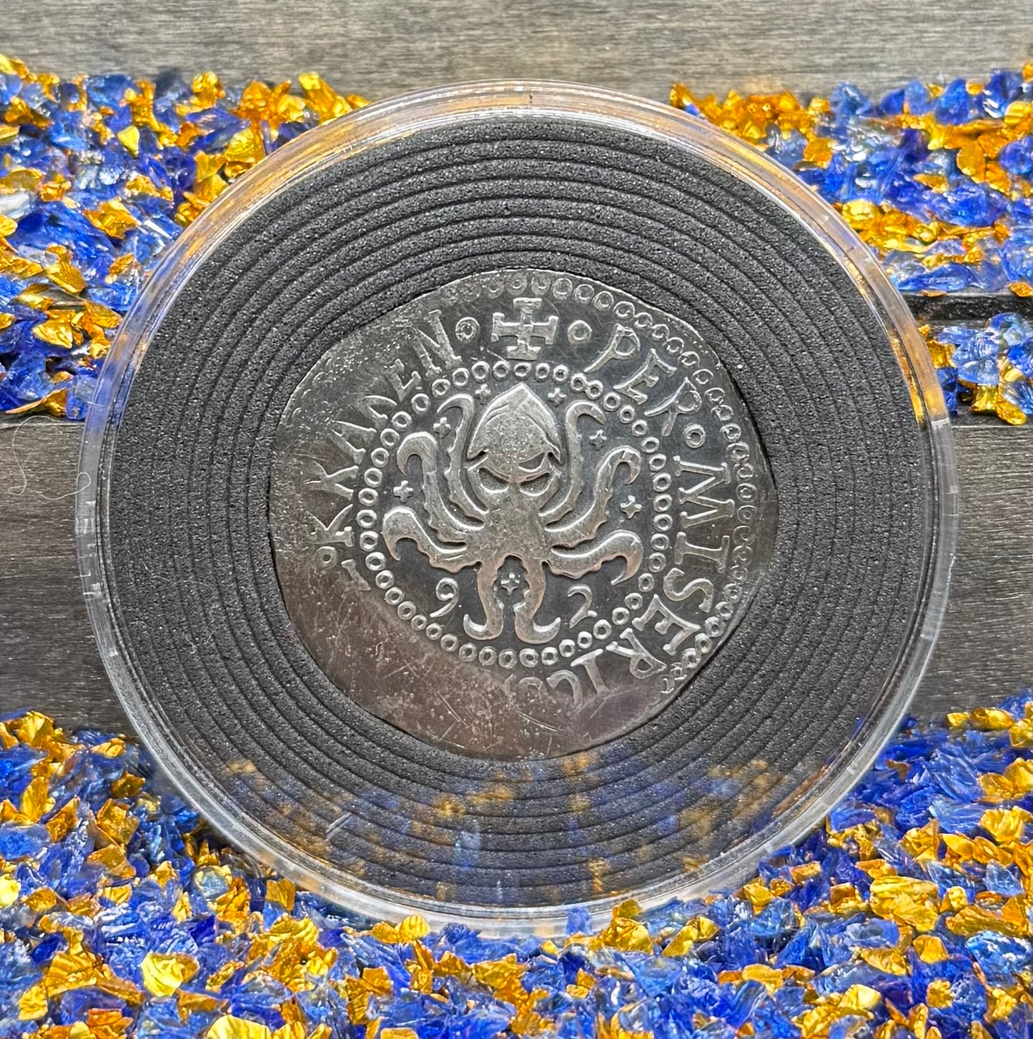 '1492 The Kraken' Pirate Treasure Hand Crafted by Peculiar Coins 27 Gram .999 Fine Silver Round Spanish Shield Design Antique Finish Includes Wood Treasure Chest, Capsule & COA Mint Condition