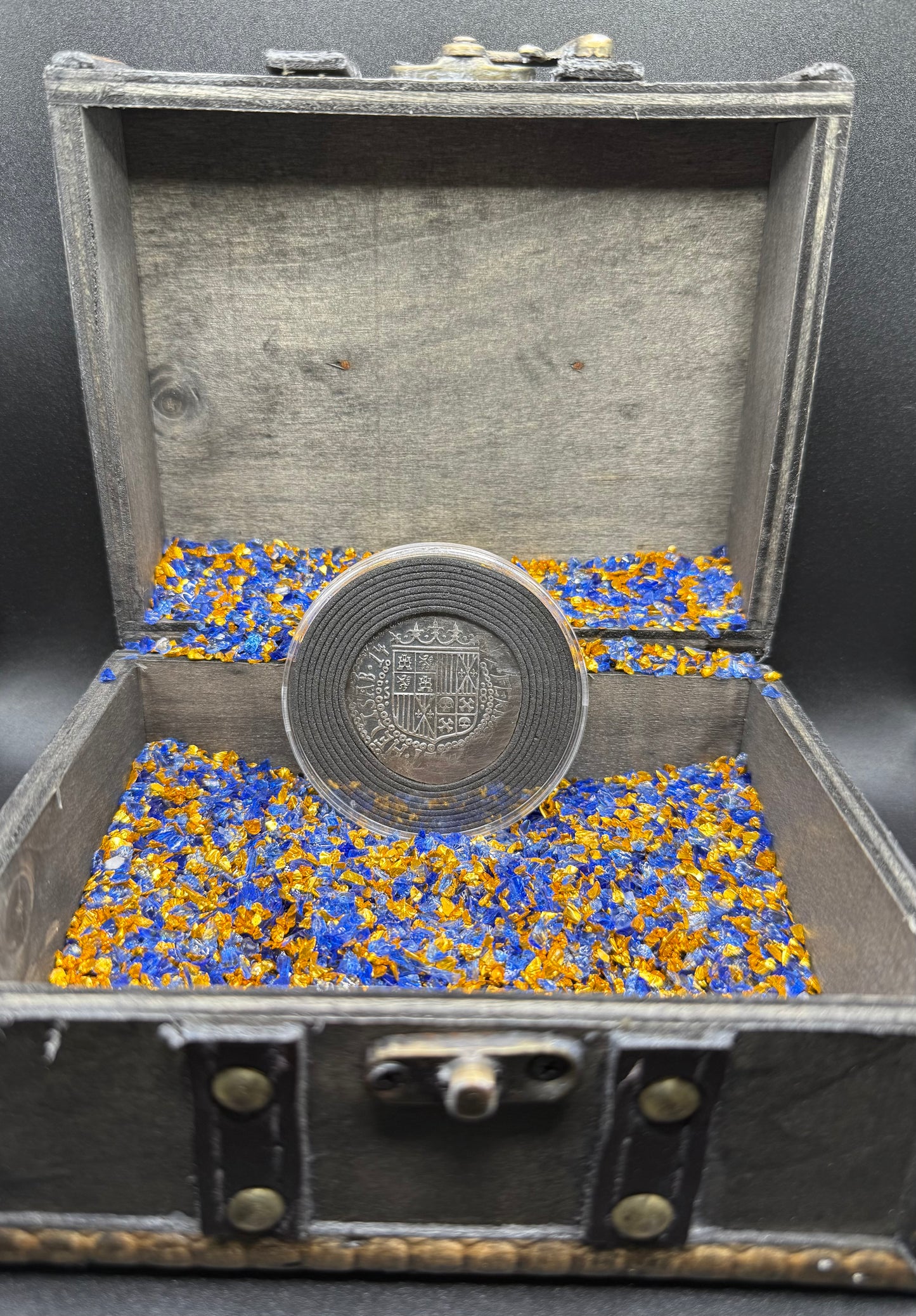 '1492 The Kraken' Pirate Treasure Hand Crafted by Peculiar Coins 27 Gram .999 Fine Silver Round Spanish Shield Design Antique Finish Includes Wood Treasure Chest, Capsule & COA Mint Condition