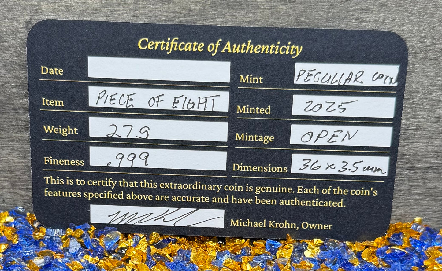 '1692 Piece of Eight' Pirate Treasure Hand Crafted by Peculiar Coins 27 Gram .999 Fine Silver Round Antique Finish Includes Wood Treasure Chest, Capsule & COA Mint Condition