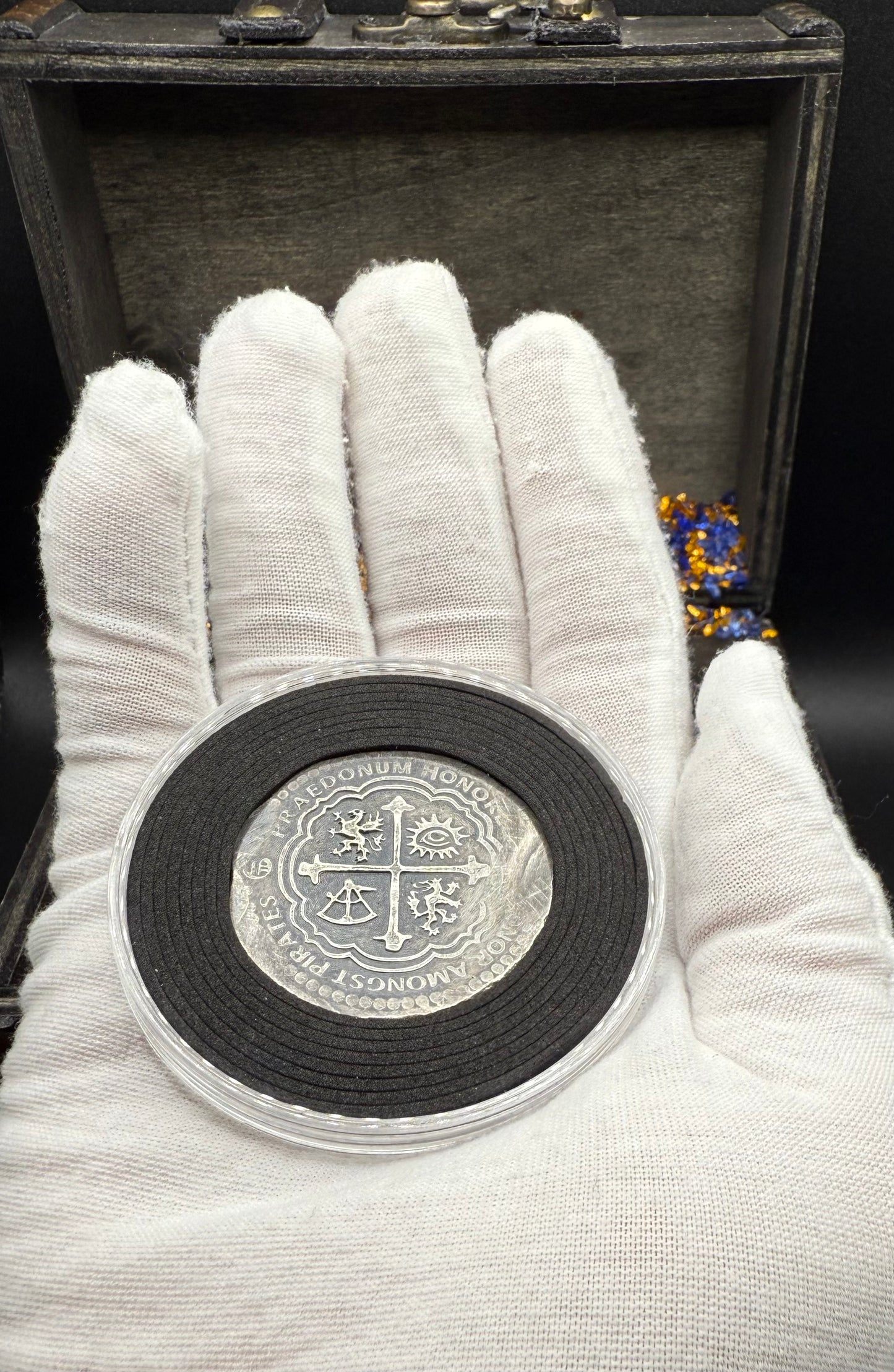 'Order of the Leviathan Treasure Cob' Hand Crafted by Peculiar Coins 27 Gram .999 Fine Silver Round Piece of Eight Antique Finish Includes Wood Treasure Chest, Capsule & COA Mint Condition