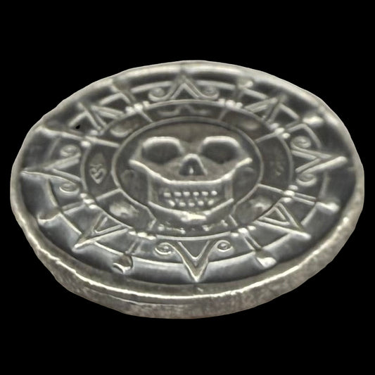 'Silver Skull Doubloon' Pirate Treasure Hand Crafted by Wild Pig Pours .5 Troy Ounce .999 Fine Silver Round Antique Finish Includes Wood Treasure Chest, Capsule & COA