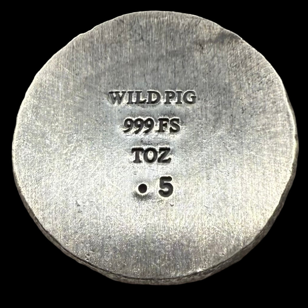 'Silver Skull Doubloon' Pirate Treasure Hand Crafted by Wild Pig Pours .5 Troy Ounce .999 Fine Silver Round Antique Finish Includes Wood Treasure Chest, Capsule & COA