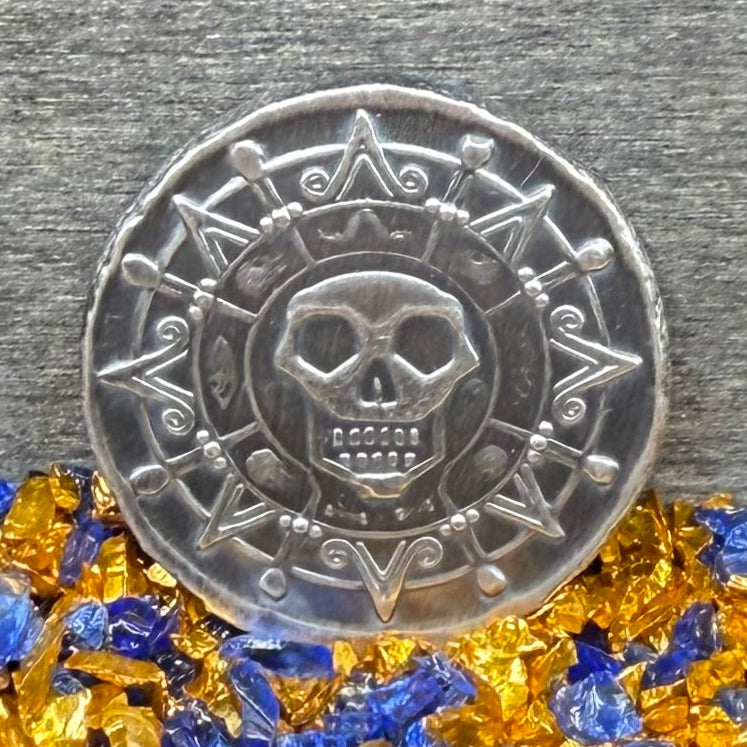'Silver Skull Doubloon' Pirate Treasure Hand Crafted by Wild Pig Pours .5 Troy Ounce .999 Fine Silver Round Antique Finish Includes Wood Treasure Chest, Capsule & COA