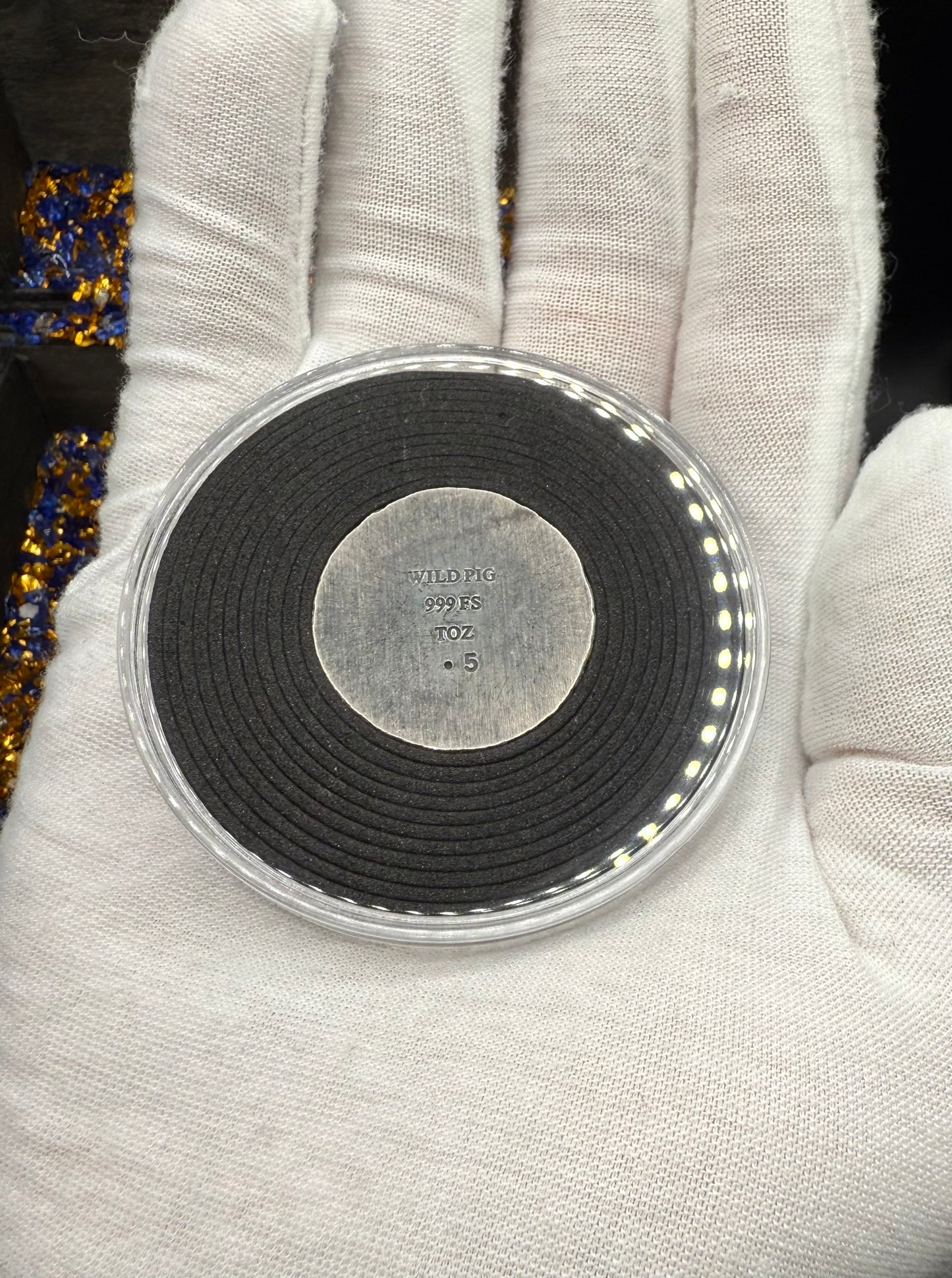 'Silver Skull Doubloon' Pirate Treasure Hand Crafted by Wild Pig Pours .5 Troy Ounce .999 Fine Silver Round Antique Finish Includes Wood Treasure Chest, Capsule & COA