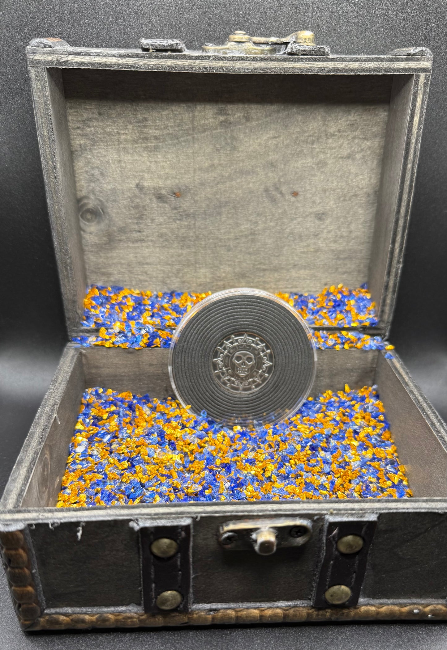 'Silver Skull Doubloon' Pirate Treasure Hand Crafted by Wild Pig Pours .5 Troy Ounce .999 Fine Silver Round Antique Finish Includes Wood Treasure Chest, Capsule & COA