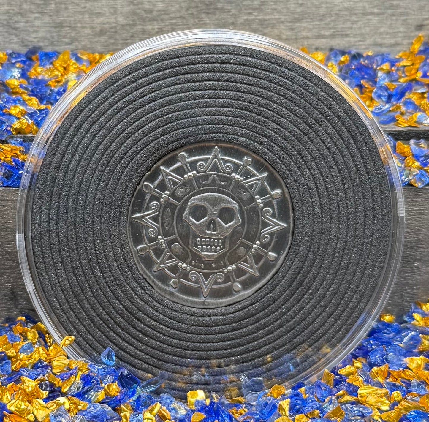 'Silver Skull Doubloon' Pirate Treasure Hand Crafted by Wild Pig Pours .5 Troy Ounce .999 Fine Silver Round Antique Finish Includes Wood Treasure Chest, Capsule & COA