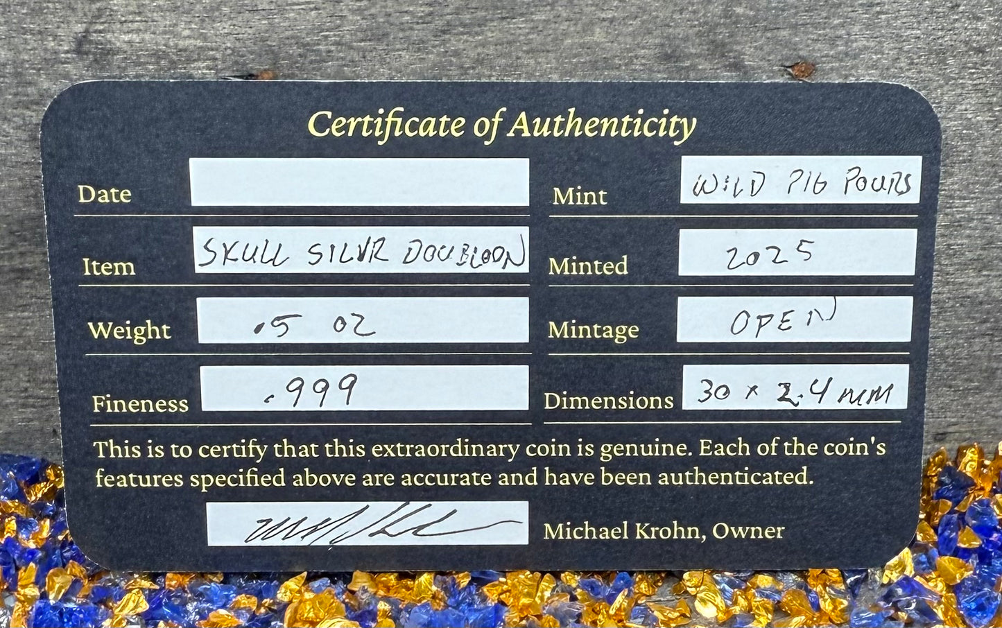 'Silver Skull Doubloon' Pirate Treasure Hand Crafted by Wild Pig Pours .5 Troy Ounce .999 Fine Silver Round Antique Finish Includes Wood Treasure Chest, Capsule & COA