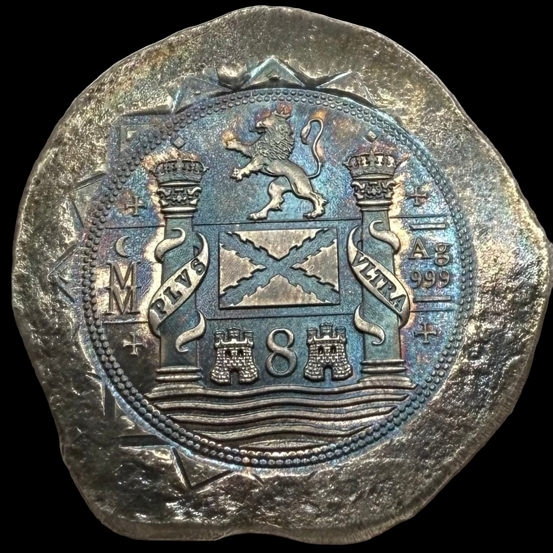 Colorized '1715 Fleet 300th Anniversary 8 Reales Silver Cob' Hand Crafted by Daniel Carr 28 Grams .999 Fine Silver Round Includes Wood Treasure Chest, Capsule & COA (Rare 1 of 18)