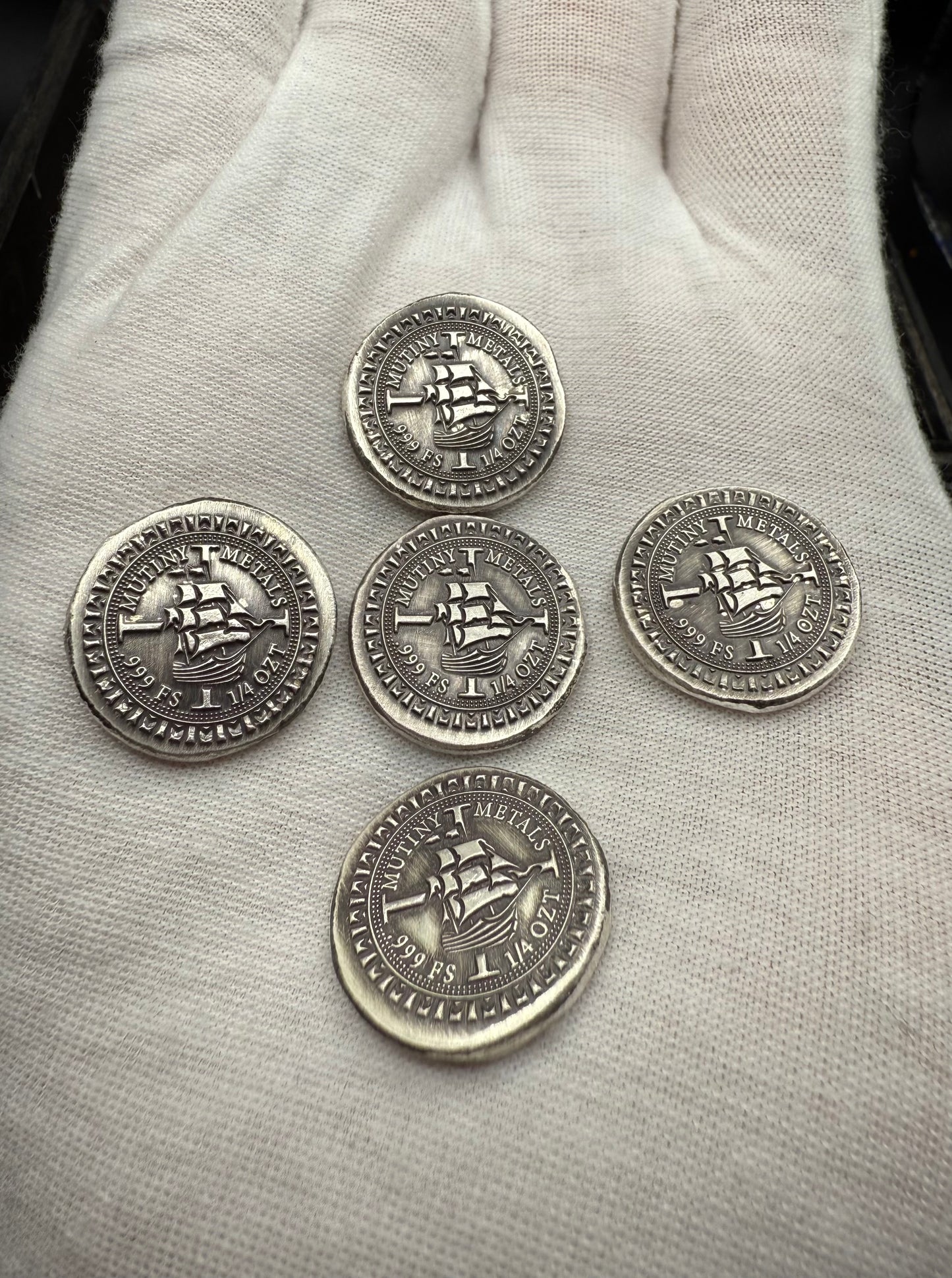 'Silver Doubloon' Pirate Treasure Hand Crafted by Mutiny Metals 1.25 Troy Ounce .999 Fine Silver Round 5 Piece Set Antique Finish Includes Wood Treasure Chest, Capsule & COA