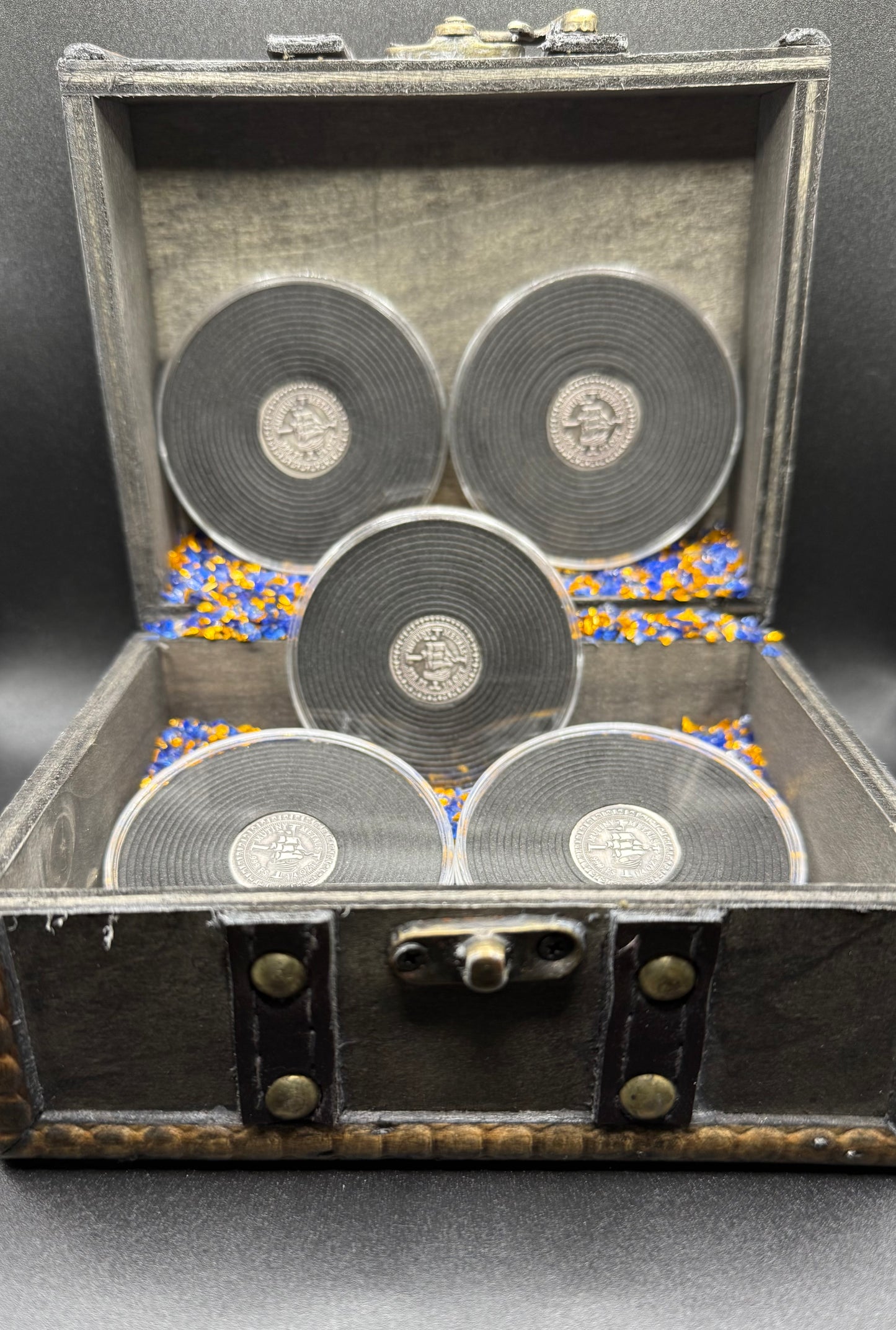 'Silver Doubloon' Pirate Treasure Hand Crafted by Mutiny Metals 1.25 Troy Ounce .999 Fine Silver Round 5 Piece Set Antique Finish Includes Wood Treasure Chest, Capsule & COA