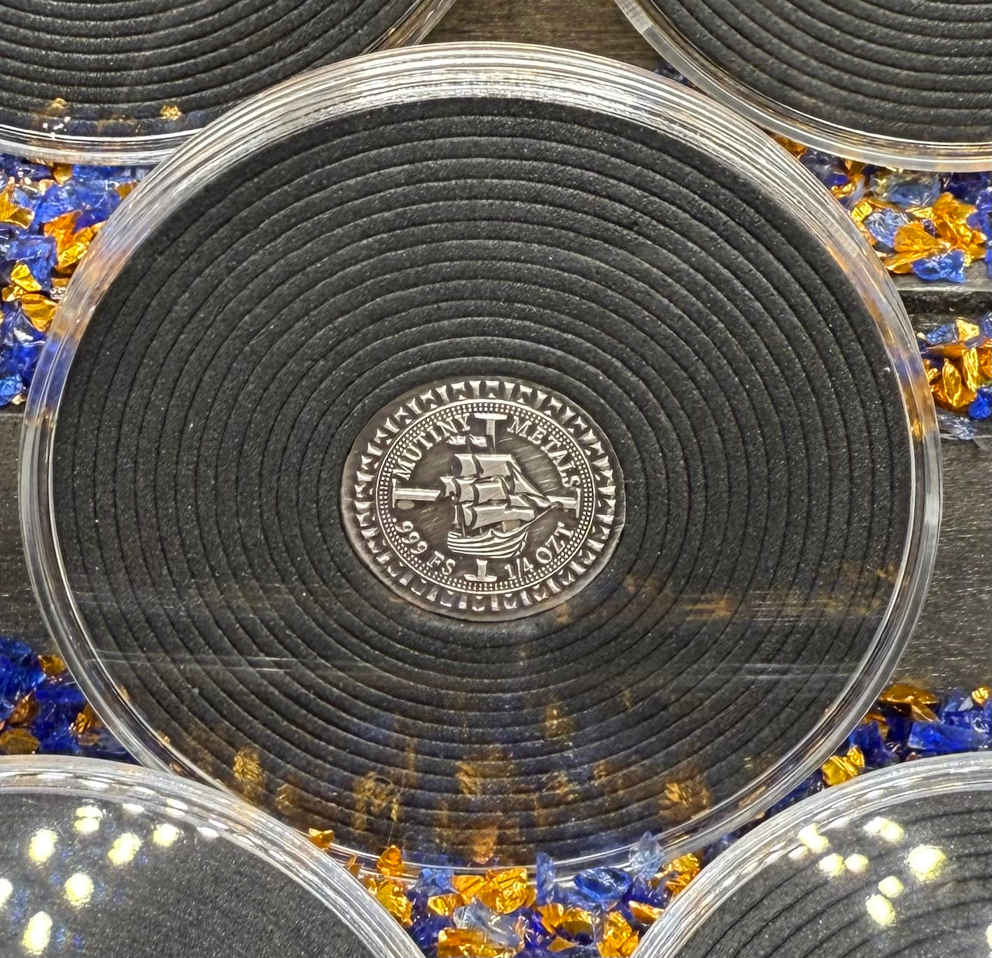 'Silver Doubloon' Pirate Treasure Hand Crafted by Mutiny Metals 1.25 Troy Ounce .999 Fine Silver Round 5 Piece Set Antique Finish Includes Wood Treasure Chest, Capsule & COA