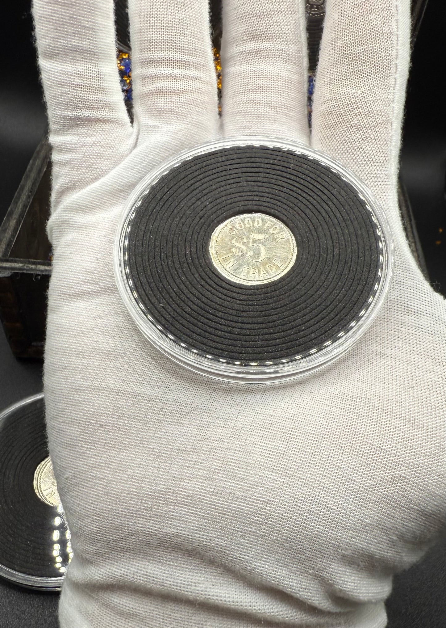 'Silver Doubloon' Pirate Treasure Hand Crafted by Mutiny Metals 1.25 Troy Ounce .999 Fine Silver Round 5 Piece Set Antique Finish Includes Wood Treasure Chest, Capsule & COA