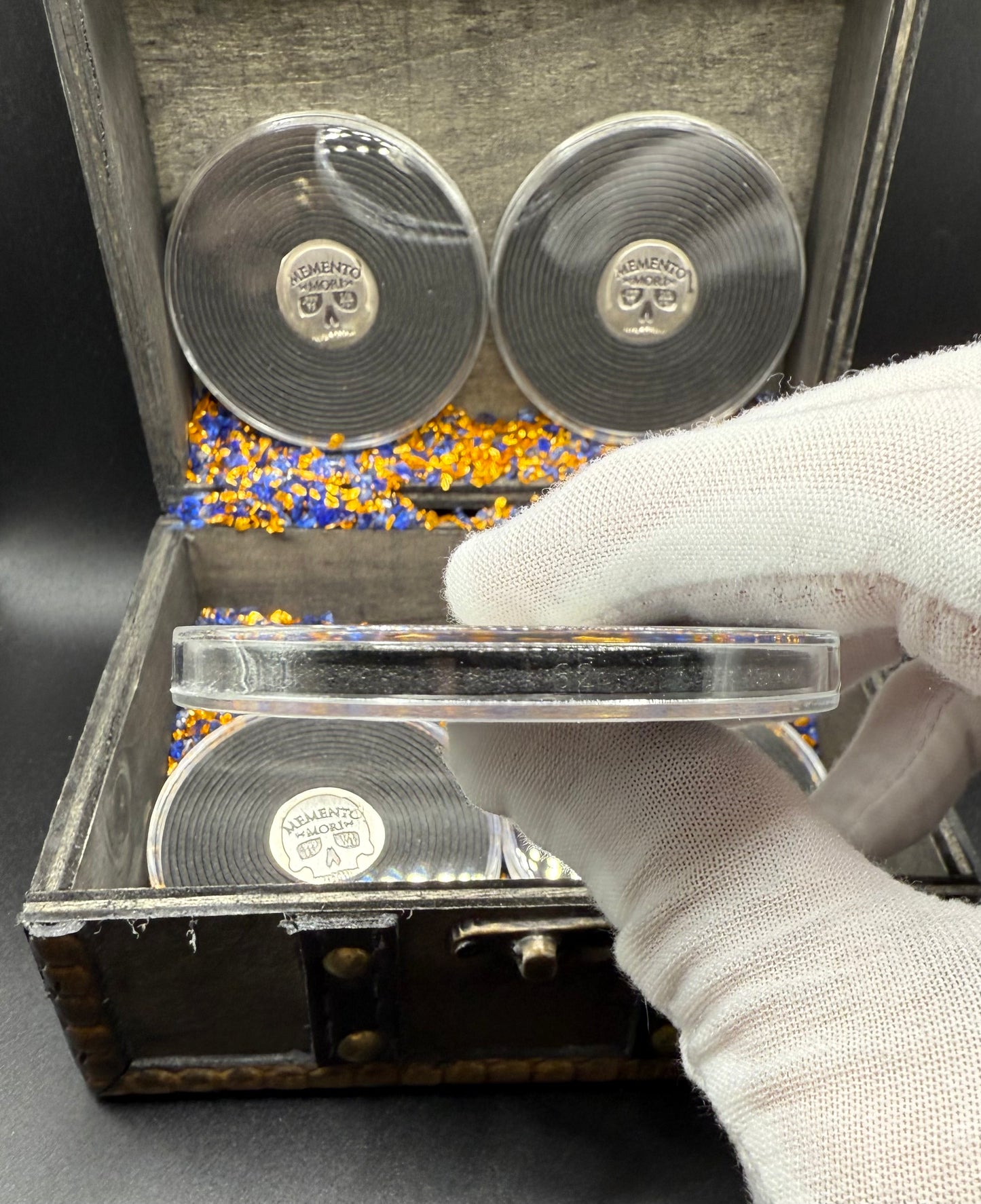 'Memento Mori' Pirate Treasure Hand Crafted by Mutiny Metals 1.25 Troy Ounce .999 Fine Silver Round 5 Piece Set Antique Finish Includes Wood Treasure Chest, Capsule & COA