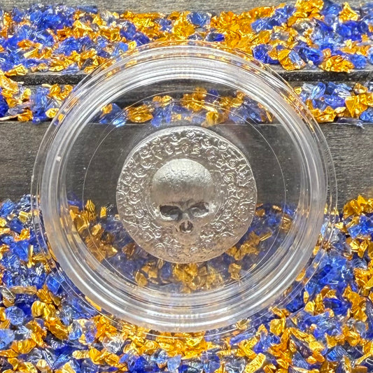 'Skully Round' Pirate Treasure Hand Crafted by Mutiny Metals .5 Troy Ounce .999 Fine Silver Round Antique Finish Includes Wood Treasure Chest, Capsule & COA Mint Condition