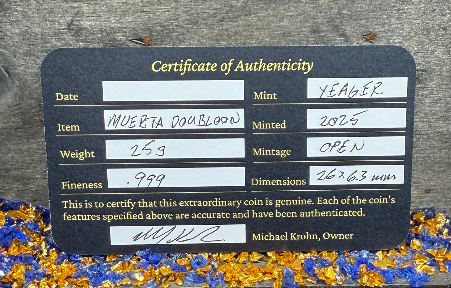 'Muerta Doubloon'  Pirate Treasure Hand Crafted by Yeager Mint 25 Grams .999 Fine Silver Round Antique Finish Includes Wood Treasure Chest, Capsule & COA Mint Condition