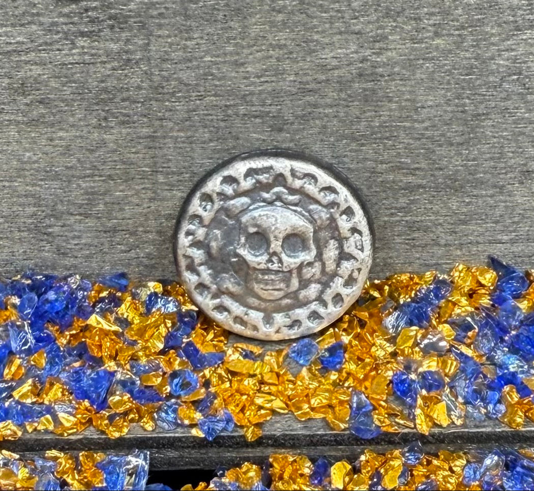 'Muerta Doubloon'  Pirate Treasure Hand Crafted by Yeager Mint 25 Grams .999 Fine Silver Round Antique Finish Includes Wood Treasure Chest, Capsule & COA Mint Condition