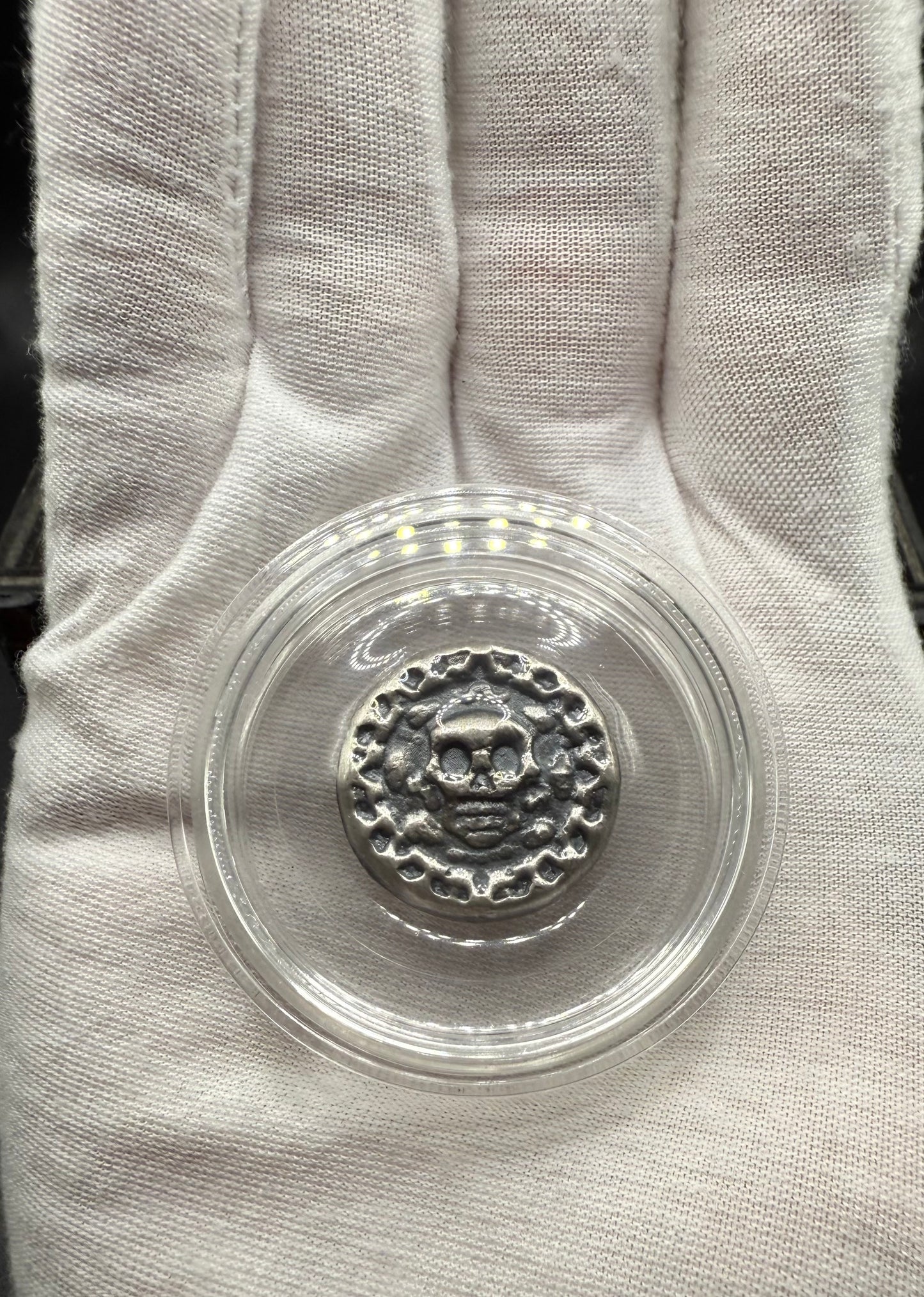 'Muerta Doubloon'  Pirate Treasure Hand Crafted by Yeager Mint 25 Grams .999 Fine Silver Round Antique Finish Includes Wood Treasure Chest, Capsule & COA Mint Condition