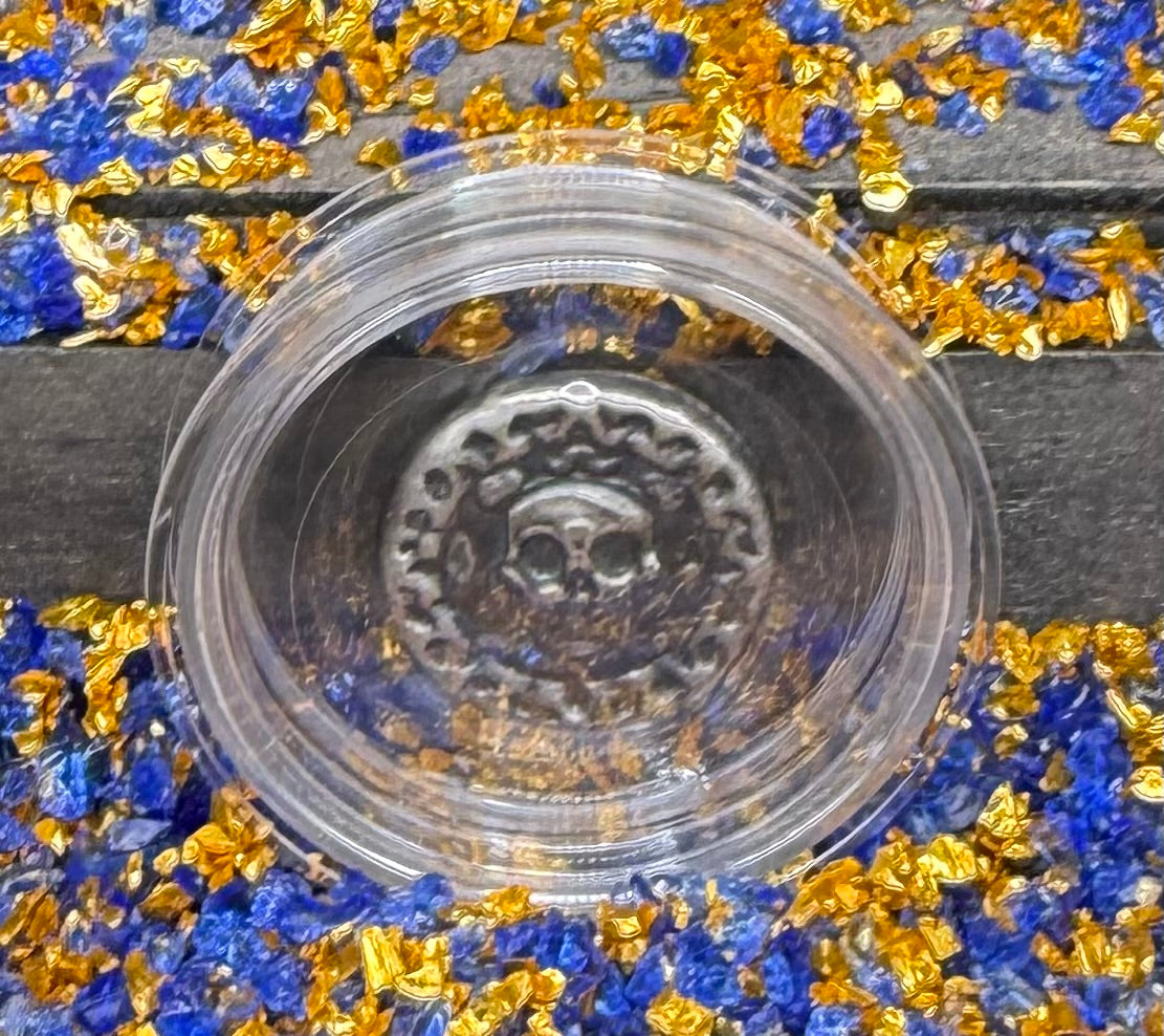 'Muerta Doubloon'  Pirate Treasure Hand Crafted by Yeager Mint 25 Grams .999 Fine Silver Round Antique Finish Includes Wood Treasure Chest, Capsule & COA Mint Condition