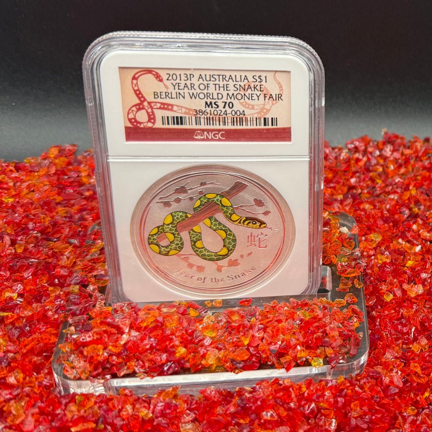 2013 P Silver $1 Australia Lunar Series II Year of the Snake Colorized Green Yellow NGC MS70 Berlin World Money Fair Red Lunar Label New Holder (Rare 1 of 199)