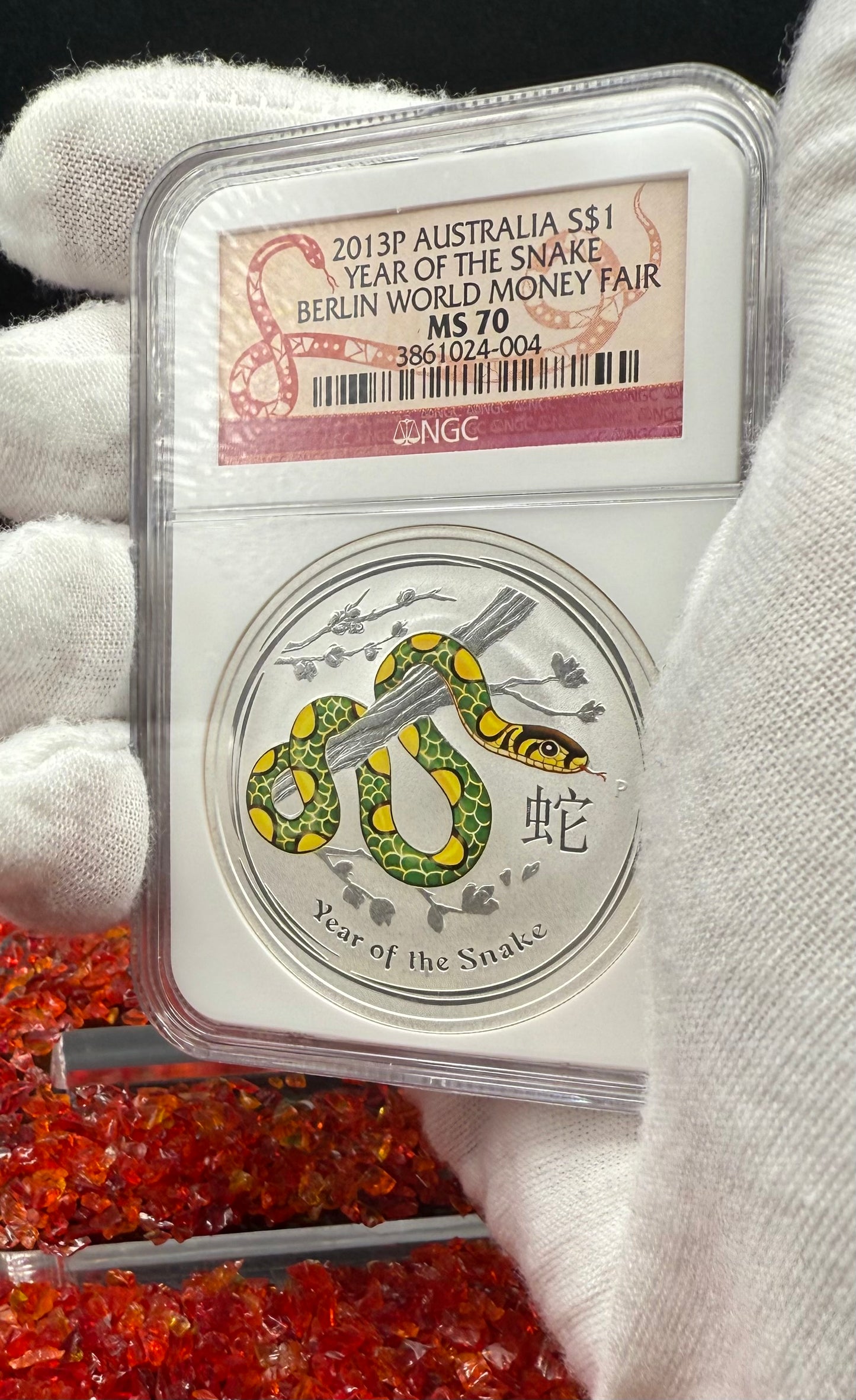 2013 P Silver $1 Australia Lunar Series II Year of the Snake Colorized Green Yellow NGC MS70 Berlin World Money Fair Red Lunar Label New Holder (Rare 1 of 199)