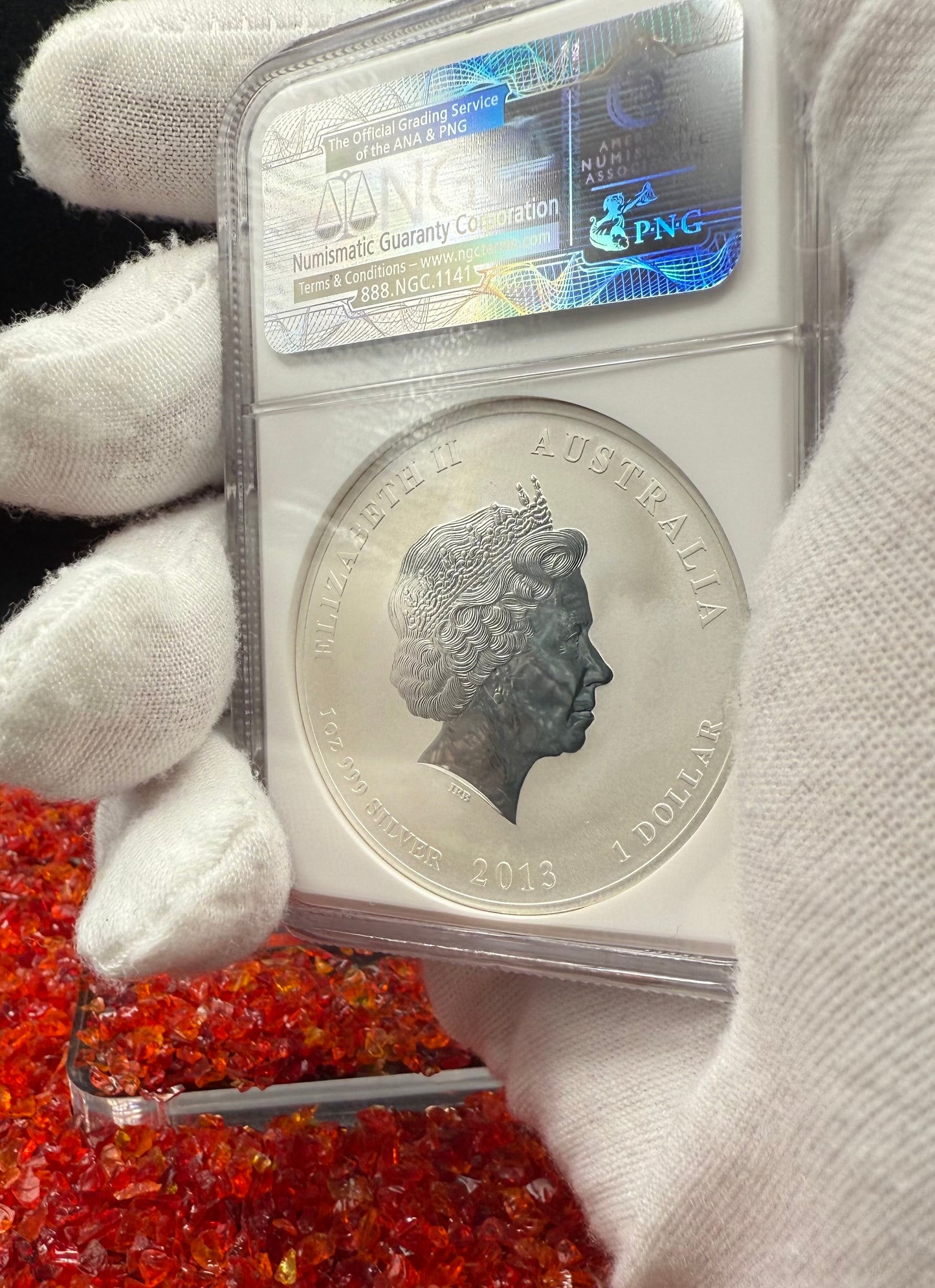 2013 P Silver $1 Australia Lunar Series II Year of the Snake Colorized Green Yellow NGC MS70 Berlin World Money Fair Red Lunar Label New Holder (Rare 1 of 199)