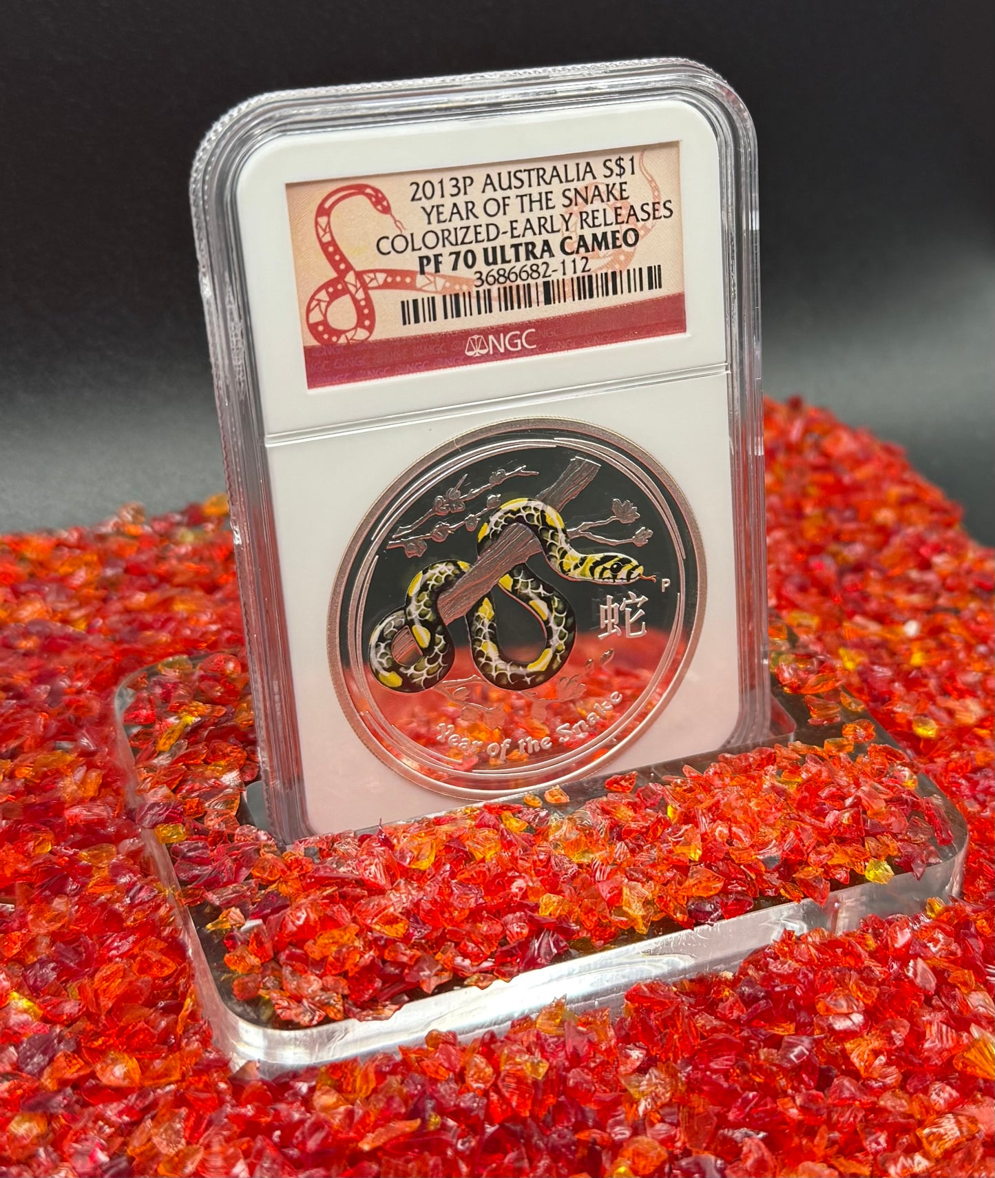 Proof 2013 P Silver $1 Australia Lunar Series II Year of the Snake Colorized Yellow NGC PF70 Red Lunar Label (Rare 1 of 280)