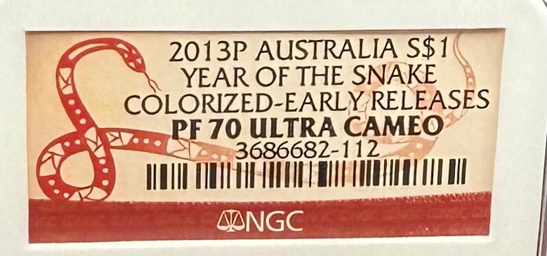 Proof 2013 P Silver $1 Australia Lunar Series II Year of the Snake Colorized Yellow NGC PF70 Red Lunar Label (Rare 1 of 280)