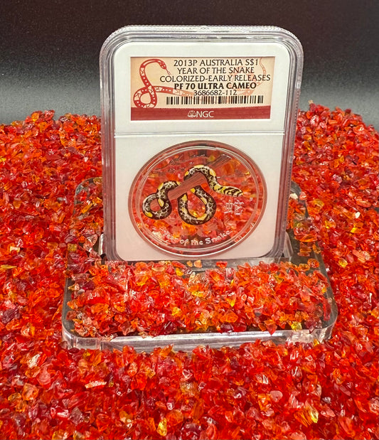 Proof 2013 P Silver $1 Australia Lunar Series II Year of the Snake Colorized Yellow NGC PF70 Red Lunar Label (Rare 1 of 280)