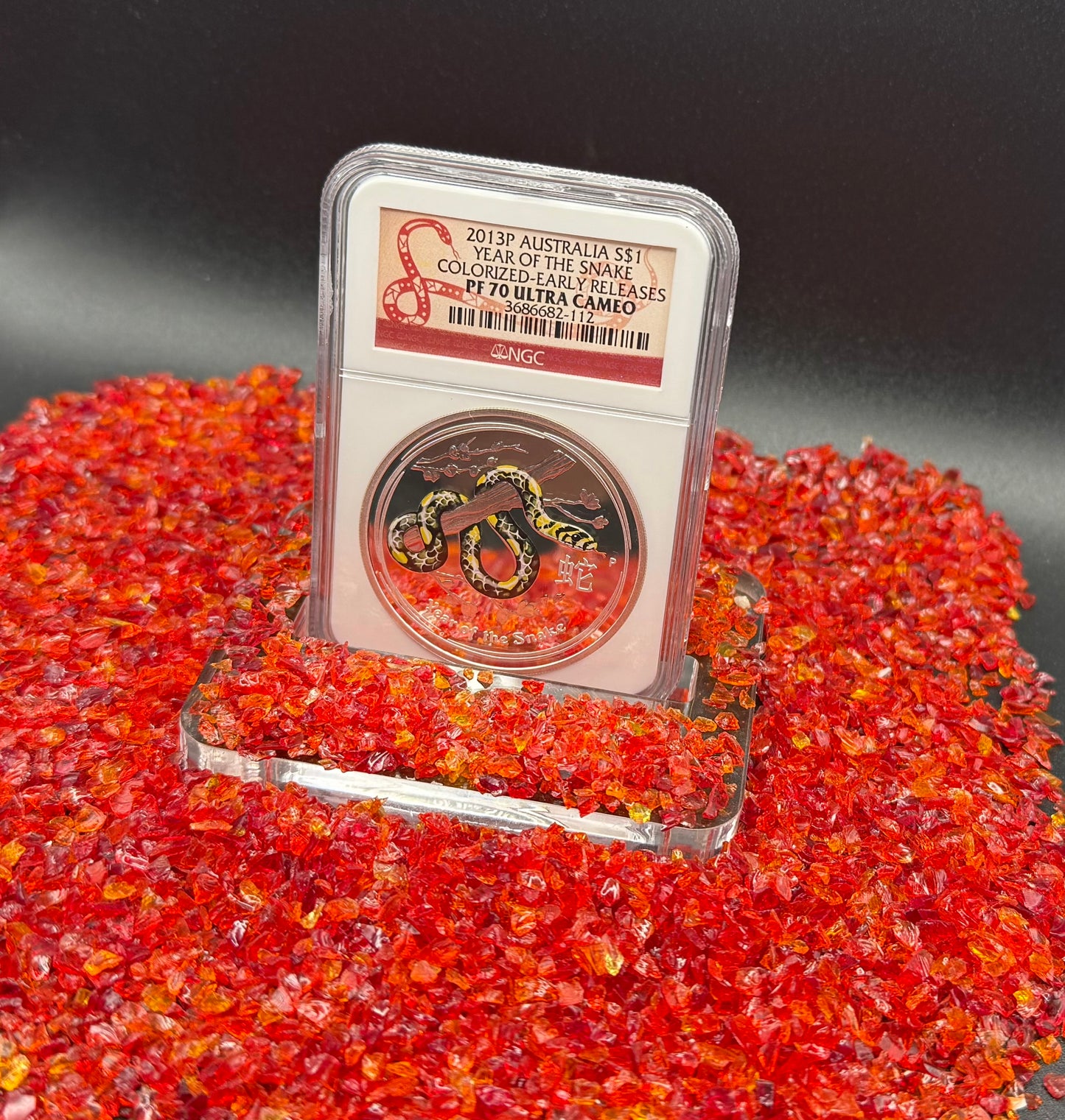 Proof 2013 P Silver $1 Australia Lunar Series II Year of the Snake Colorized Yellow NGC PF70 Red Lunar Label (Rare 1 of 280)