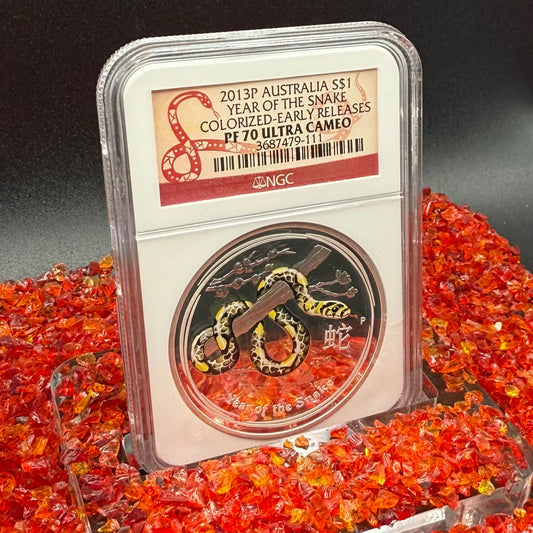 Proof 2013 P Silver $1 Australia Lunar Series II Year of the Snake Colorized Yellow NGC PF70 Red Lunar Label New Holder (Rare 1 of 280)