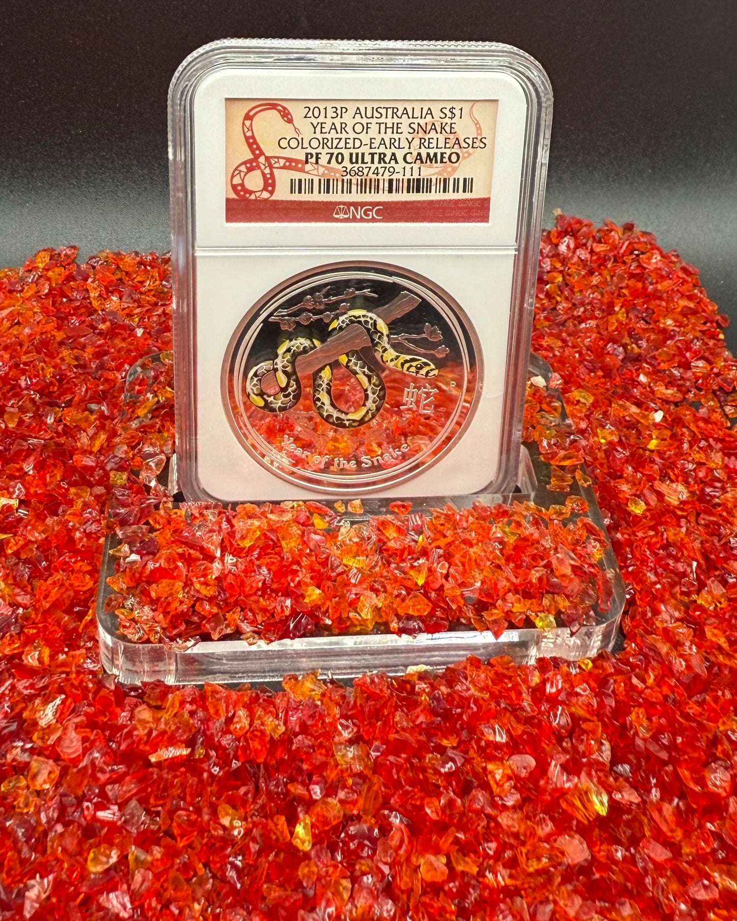 Proof 2013 P Silver $1 Australia Lunar Series II Year of the Snake Colorized Yellow NGC PF70 Red Lunar Label New Holder (Rare 1 of 280)