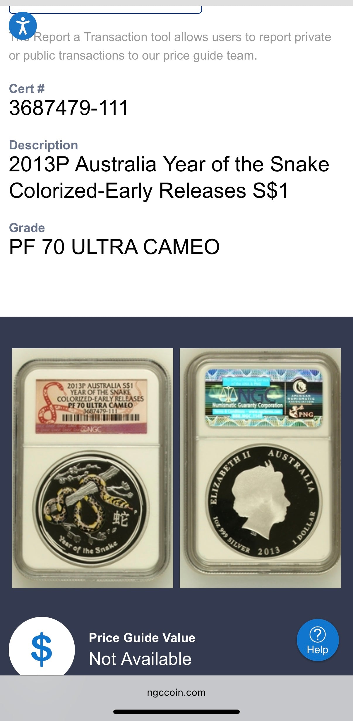 Proof 2013 P Silver $1 Australia Lunar Series II Year of the Snake Colorized Yellow NGC PF70 Red Lunar Label New Holder (Rare 1 of 280)