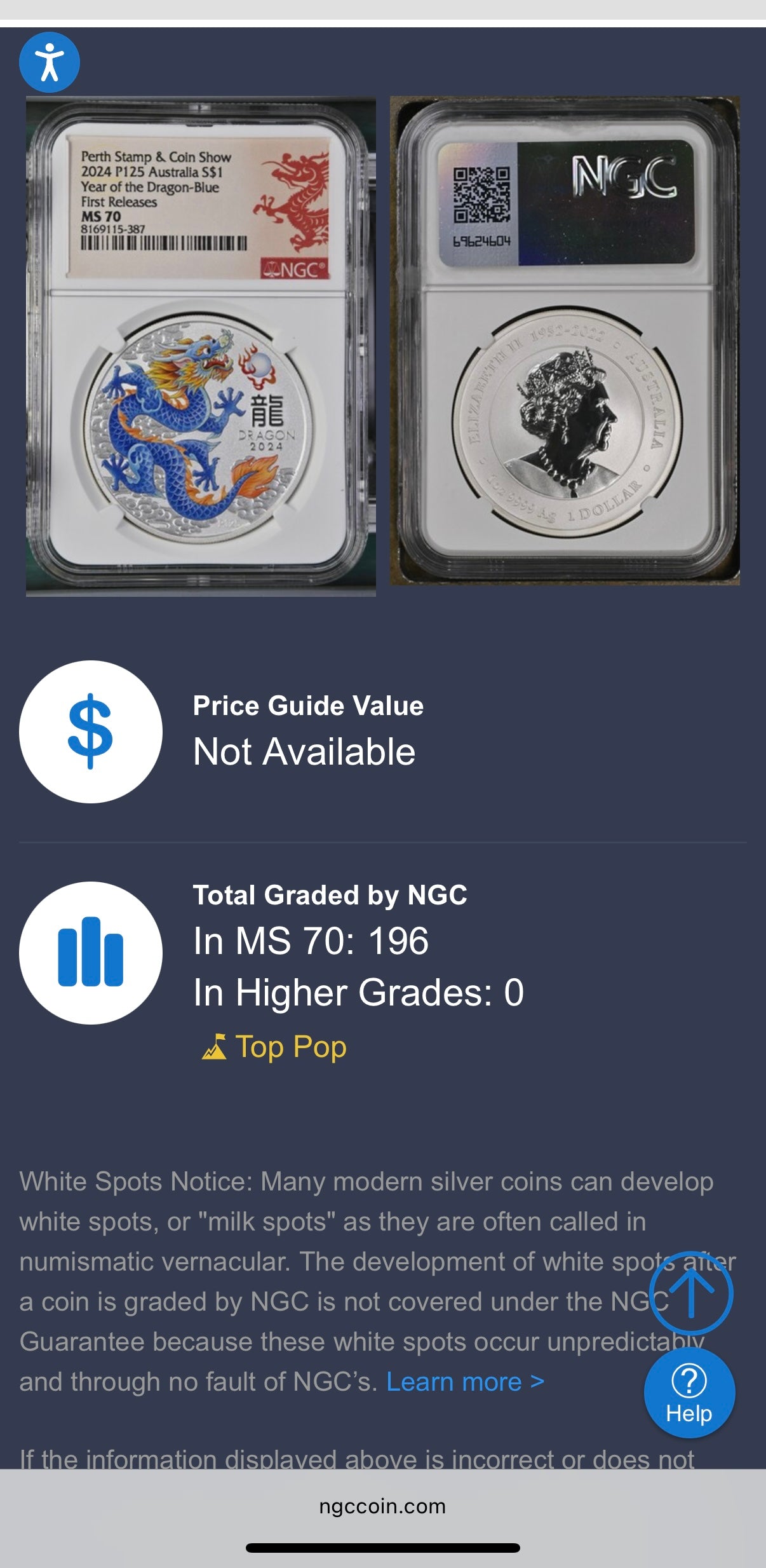 2024 P125 Silver $1 Australia Lunar Series III Year of the Dragon Blue Colorized NGC MS70 First Releases Perth Stamp & Coin Show Red Lunar Label New Holder (Rare 1 of 196)